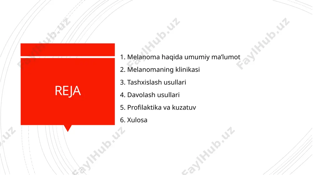 sh soha ham uchrashi mumkin. alomatlar orasida qichishish, shish, namlanish va qonash ham bo‘lishi mumkin. klinik turlari va ularning tavsifi melanomaning bir necha klinik turlari mavjud. ularning eng ko‘p uchraydiganlari yuzaki tarqaluvchi (superficial spreading melanoma), tugunli (nodular melanoma), lentiginöz (lentigo maligna melanoma) va akral lentiginöz melanomalaridir. yuzaki tarqaluvchi melanoma ko‘pincha yosh odamlarda uchrab, terining har qanday sohasida paydo bo‘ladi. nodulyar turi tez o‘suvchi va yuqori darajada metastaz berishi bilan ajralib turadi. lentigo maligna ko‘proq keksalarda, ochiq sohalarda ko‘zga tashlanadi. akral lentiginöz esa kaft, panja va tirnoq ostlarida ko‘proq uchraydi. melanomaning metastazlanishi va kechishi melanoma kasalligining xavfliligi uning limfa va qon orqali boshqa organlarga (metastaz) tarqalishidir. dastlab atrofdagi limfa tugunlariga, so‘ngra o‘pka, jigar, suyak va bosh miya kabi organlarga o‘smaning hujayralari yetib boradi. metastazlar paydo bo‘lishi kasallikning bosqichiga, ya’ni chuqurligiga va elitilgan davriga bog‘liq. kasallik og‘ir kechganda umumiy holatning yomonlashuvi, kilogramm yo‘qotish, kuchsizlik va tana haroratining ko‘tarilishi kuzatiladi. melanoma klinikani baholash …