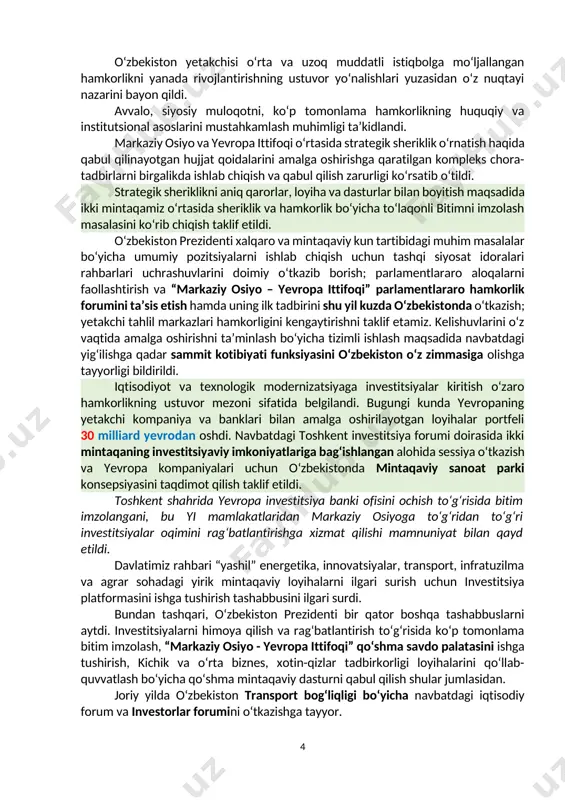 oqalari kengaymoqda. – bundan yetti-sakkiz yil avval buning uchun hatto sharoit ham yo‘q edi. ba’zi mamlakatlar o‘rtasidagi chegaralar yopiq edi. na savdo, na tranzit, na biznes, hech qanday gumanitar almashuvlar yo‘q edi. munosabatlar shunchaki muzlatib qo‘yilgandi, – dedi shavkat mirziyoyev. shu yil sentyabr oyida toshkentda mintaqadagi davlat rahbarlarining yettinchi maslahat uchrashuvini o‘tkaziladi. bu hamkorlik formati umumiy kun tartibidagi barcha dolzarb vazifalarni ochiq va konstruktiv hal qilishga xizmat qilmoqda. o‘zbekiston yetakchisi kuni kecha tarixiy voqea - qirg‘iziston va tojikiston o‘rtasidagi davlat chegarasini delimitatsiya qilish masalalari to‘liq tartibga solingani va kelishuvlar imzolanganini alohida qayd etdi. yttb prognozlariga ko‘ra, joriy yilda mintaqaviy yalpi ichki mahsulot hajmi 6 foizgacha oshadi, bu boshqa mintaqalardagi o‘rtacha ko‘rsatkichlardan sezilarli darajada yuqori. umummintaqaviy o‘ziga xoslikni shakllantirish, shuningdek, madaniy-gumanitar va ta’lim almashinuvini qo‘llab-quvvatlash bo‘yicha birgalikdagi ishlar alohida qayd etildi. mamlakatlarimizda yetakchi milliy ta’lim muassasalarining filiallari ochilmoqda. xorijiy sayyohlar uchun yagona markaziy osiyo vizasi loyihasi ilgari surilmoqda. mintaqa va yevropa …