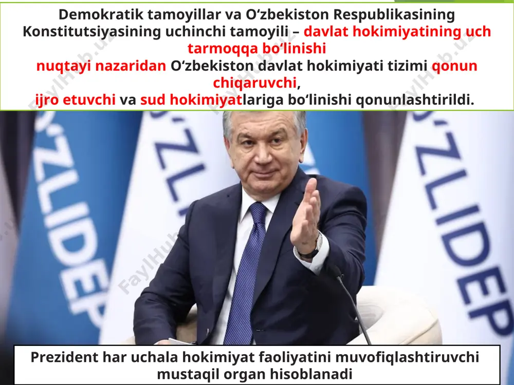 a jinoiy jazolashning insonparvar huquqiy tizimi tashkil etildi sudlar sud qarorini ijro etish kabi o‘zlariga tegishli bo‘lmagan vazifalardan ozod etildi. 2008-yil 1-yanvardan mamlakatda o‘lim jazosi bekor qilindi, fuqarolarni qamoqqa olishga sanksiya berish huquqi prokuraturadan sudlarga o‘tkazildi. ya’ni sudyalik lavozimiga birinchi marotaba tayinlash besh yilga, ikkinchi marotaba – o‘n yil, keyingisida muddatsiz tayinlanish (saylanish) imkoni yaratildi. bu sudyalarning yoshi, malakasi, kasb mahoratini inobatga olgan holda uzoqroq muddatga faoliyat ko‘rsatishini kafolatlaydi 1992-yil 4-yanvarda «o‘zbekiston respublikasining mahalliy hokimiyat idoralarini qayta tashkil etish to‘g‘risida»gi qonun qabul qilindi. bu qonun mamlakatimizda mahalliy hokimiyatning ikki mustaqil organi – vakillik va ijro organlari tizimiga boshchilik qiladigan hokimlik va hokimlar lavozimi joriy etildi 1992-yilda ilk bor toshkent shahrida va 12 ta viloyatda, 163 ta qishloq tumani va 18 ta shahar tumanida hamda 120 ta shaharda hokimlar tayinlandi va tasdiqlandi, ularning apparati — hokimiyatlar tuzildi mahalliy davlat hokimiyati organlari o‘zbekistonda demokratik huquqiy davlat barpo etish jarayonida ko‘plab vazifalar belgilangan …