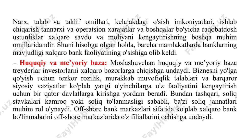 larning xalqaro bank senariyasida qo'llanish qonunlarni tanlash: transchegaraviy operatsiyalarda xalqaro bank operatsiyalari qaysi qonun bilan tartibga solinishi kerakligini aniqlash muhim. demak, ishtirokchilarning huquq va majburiyatlarini himoya qiladigan muayyan qonunni tanlash zarur. to‘g‘ri qonun: huquqiy bandni tanlash to‘g‘ri qonun tanlanishini ta’minlash, manfaatdor tomonlarning huquq va majburiyatlarini himoya qilish juda muhimdir. masalan, shartnomalarga kiritiladigan odatiy band quyidagicha bo'ladi: "ushbu shartnoma _______________ qonuniga (mamlakat nomi) muvofiq tartibga solinishi, davom ettirilishi va talqin qilinishi kerak). bu manfaatdor tomonlar o'z huquq va majburiyatlarini himoya qilish uchun, agar kelajakda nizo bo'lsa, muayyan qonunga kelishib olganliklarini ko'rsatadi. sud qarorlarini tan olish va ijro etish: bu chet el sudlari yoki xorijiy arbitrajlar qarorlarini ijro etish bilan bog‘liq yana bir muhim jihatdir. o'tgan tajribani hisobga olgan holda london va nyu-york qonunlari afzal ko'riladi, chunki ikkalasi ham xalqaro bank tizimi bilan juda yaxshi integratsiyalashgan tijorat yurisprudensiyasini qamrab oluvchi yaxshi rivojlangan huquqiy bazaga ega. til: qonunni tanlashga ta'sir etuvchi muhim omil …