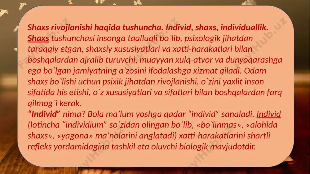 i uqtirib o`tganlar. bolaning o`ziga xos xususiyatini hisobga olish juda murakkab. chunki bir xil yoshdagi bolalar ham psixik jihatdan turlcha bo`lishi mumkin. 1.go`daklik davri – chaqaloqlik (1 oy) davri tugagandan to bir yoshgacha bo`lgan davr. 2.bog`chagacha bo`lgan yosh davri – 1 yoshdan 3 yoshgacha. 3.maktabgacha bo`lgan yosh davri – 3 yoshdan 7 yoshgacha. 4.kichik maktab yoshidagi o`quvchilar ( bolalar )–7 yoshdan 11,12 yoshgacha. 5.o`rta maktab yoshidagi o`quvchilar (o`smirlar) 14-15 yosh. 6.katta yoshdagi maktab o`quvchilari (o`spirinlar) – 16-18 yosh. e’tiboringiz uchun rahmat image2.jfif image3.jfif image4.jfif image5.jfif image6.jfif image7.jfif image1.jpg /docprops/thumbnail.jpeg