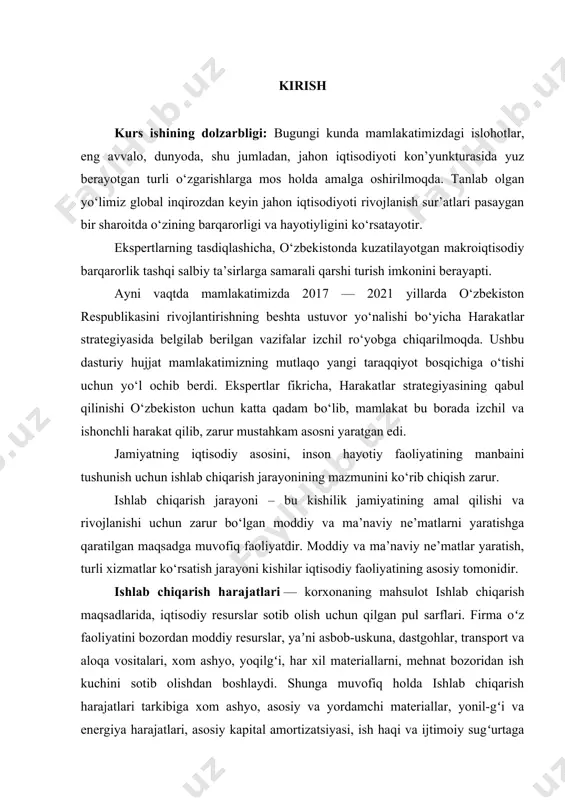 oqa xizmatlari uchun pul to`laydi. sug`urta uchun to`lovlar, reklama xarajatlari, amortizatsiya xarajatlari, turli xil soliqlar va hokazolar uchun ham firma muayyan sarf-xarajatlar qiladi. ishlab chiqarish harajatlari — korxonaning mahsulot ishlab chiqarish maqsadlarida, iqtisodiy resurslar sotib olish uchun qilgan pul sarflari. firma oʻz faoliyatini bozordan moddiy resurslar, yaʼni asbob-uskuna, dastgohlar, transport va aloqa vositalari, xom ashyo, yoqilgʻi, har xil materiallarni, mehnat bozoridan ish kuchini sotib olishdan boshlaydi. shunga muvofiq holda ishlab chiqarish harajatlari tarkibiga xom ashyo, asosiy va yordamchi materiallar, yonil-gʻi va energiya harajatlari, asosiy kapital amortizatsiyasi, ish haqi va ijtimoiy sugʻurtaga ajratmalar, foiz toʻlovlari va b. harajatlar kiradi. ishlab chiqarish harajatlari. ga qilingan barcha harajatlarning puldagi ifodasi mahsulot tannarxinn tashkil qiladi. ishlab chiqarish harajatlarini oʻrganishga iqtisodchilar turlicha yondoshadilar. jumladan, harajatlarning qiymat nazariyasiga koʻra, ishlab chiqarish harajatlari quyidagi turlarga boʻlinadi: doimiy harajatlar: — korxona toʻlov majburiyatlari, soliqlar, amortizatsiya ajratmalari, ijara haqi, qoʻriqlash xizmati harajatlari, boshqaruv xodimlari maoshi va oʻzgaruvchan harajatlar: — …