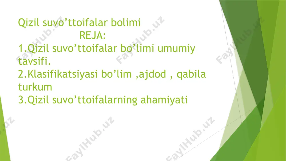 ytirishga kelsak, bu ikki jarayon orqali bo'lishi mumkin: sporulyatsiya yoki talum parchalanishi. uchrash joyi qizil suvo’tlari aksariyat turlari dengiz ekotizimlarida uchraydi. biroq, chuchuk suv ekotizimlariga xos bo'lgan bir nechta narsa mavjud. ular, ayniqsa, mo''tadil va iliq suvlarda juda ko'p. kaltsiy karbonatini bog'lash qobiliyatiga ega bo'lgan turlari mavjud, bu ularni mercan riflarining muhim a'zolariga aylantiradi. vakillari dengiz ekotizimlarining ekologik muvozanati uchun qizil suv o'tlari juda muhimdir. ular kaltsiy karbonatini ajratib chiqaradiganlardir, shuning uchun ham ular mercan riflarini shakllantirish uchun asosiy mas'uldir. qizil marjon riflarini ko'rsangiz, ular korallin alglari deb ataladi. qizil suvo’ttoifa bo’limi e’tiboriz uchun raxmat image1.jpeg image2.jpeg image3.jpeg image4.jpeg image5.jpeg image6.jpeg image7.jpeg image8.png image9.jpeg image10.jpeg