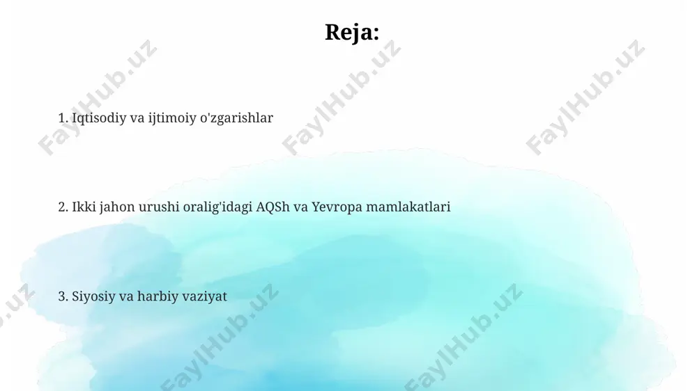 odiy o'sish davrini boshdan kechirdi, ammo 1929-yilgi fond birjasining qulashi ularning obro'sini sezilarli darajada pasaytirdi. franklin d. ruzveltning "yangi kurs" dasturi, 1933-yilda boshlangan, aqshning ijtimoiy ta'minot tizimini yaratish, tennessee daryosida geslar qurish va milliy bog'larni rivojlantirishni o'z ichiga oldi. ikki jahon urushi oraligʻidagi aqsh iqtisodiyoti 1930-yillardagi buyuk depressiya davrida aqsh hukumati, franklin d. ruzveltning "yangi kurs" siyosati doirasida, ishsizlikni kamaytirish va iqtisodiyotni tiklash uchun katta miqdordagi infratuzilma loyihalarini, masalan, tennessee daryosi havzasini rivojlantirish dasturini amalga oshirdi. aqshning 1930-yillardagi iqtisodiy inqirozdan chiqishi va ikkinchi jahon urushiga tayyorgarlik koʻrish jarayonida harbiy-sanoat kompleksining jadal rivojlanishi natijasida milliy yalpi mahsulotda sezilarli oʻsish kuzatildi, ayniqsa, michigan va pensilvaniya shtatlarida. ikki jahon urushi oraligʻida aqshda 1920-yillarning oxirida "qora juma" deb nom olgan ulkan fond birjasining qulashi sodir boʻlib, butun mamlakat iqtisodiyotini falaj qildi va keng koʻlamli ishsizlikka olib keldi. buyuk depressiya va uning taʼsiri buyuk depressiya 1929-yilda aqshning nyu-york fond birjasida yirik qulash bilan boshlanib, butun …