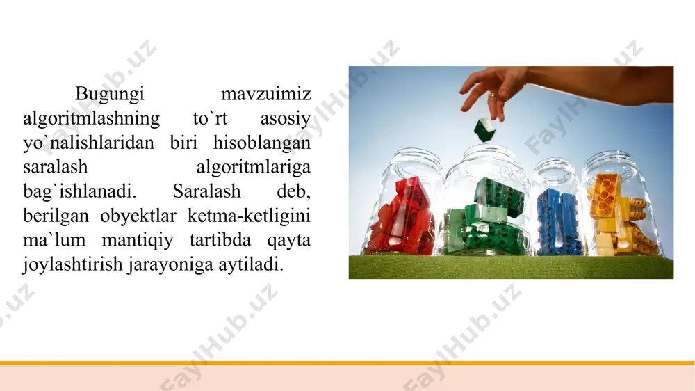 iy va oson tushuniladi. ✅ kichik massivlar uchun mos keladi. kamchiliklari: ❌ katta massivlar uchun sekin ishlaydi. ❌ ko‘p ortiqcha taqqoslashlar amalga oshiriladi. #include using namespace std; int main() { int n; cout >n; int a[n]; cout >a[i]; } for (int i = n-1; i >= 1; i--) { for (int j = 0; j a[j+1]) { swap(a[j],a[j+1]); }}} for (int i = 0; i < n; i++) cout<<a[i]<<" "; return 0;} selection sort (tanlash orqali saralash) selection sort algoritmida har safar eng kichik element topilib, oldin saralanmagan qismning boshiga joylashtiriladi. murakkablik: o(n²) afzalliklari: ✅ oddiy va intuitiv algoritm. ✅ qo‘shimcha xotira talab qilmaydi. kamchiliklari: ❌ katta massivlar uchun sekin ishlaydi. ❌ ko‘p taqqoslash talab etadi. 3. insertion sort (qo‘yish orqali saralash) har bir element oldingi saralangan qismga o‘z joyiga qo‘yiladi. murakkablik: o(n²) afzalliklari: ✅ kichik massivlar uchun samarali. ✅ qisman tartiblangan massivlar uchun tez ishlaydi. kamchiliklari: ❌ katta massivlar …