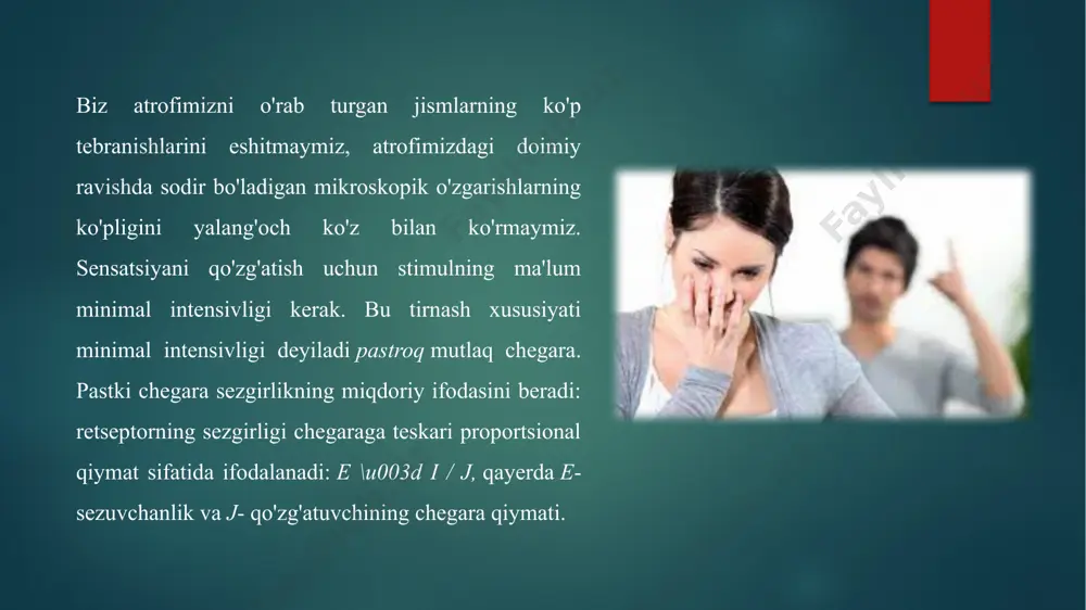 ashadilar. ko'rinishidan, sezgi organlarining zamonaviy elektrofiziologiyasining ba'zi ma'lumotlari weber-fechner qonuniga mos kelmaydi. p.p.lazarev tomonidan tasdiqlangan g.gelmgoltsning keyingi tadqiqotlari veber-fechner qonunining dastlabki formulasini ifodalovchi murakkabroq formula bilan almashtirdi. umumiy tamoyil, tirnash xususiyati barcha hodisalarini boshqaruvchi. biroq, lazarevning matematik tenglamalarda tirnash xususiyati hissiyotga o'tishini ifodalashga urinishi sezuvchanlik jarayonlarining barcha turlarini qamrab olmaydi. sezuvchanlik chegaralari insonning u yoki bu hissiy ma'lumotlarni farqlash orqali hal qiladigan vazifaga munosabatiga qarab sezilarli darajada o'zgaradi. xuddi shu intensivlikdagi bir xil jismoniy qo'zg'atuvchi sezgirlik chegarasidan pastda ham, yuqorida ham bo'lishi mumkin va shuning uchun u inson uchun qanday ahamiyatga ega ekanligiga qarab sezilmaydi yoki sezilmaydi: u atrof-muhitning befarq momenti sifatida namoyon bo'ladimi? shaxsga beriladi yoki uning faoliyati shartlarining muhim ko'rsatkichiga aylanadi. shuning uchun sezgirlikni o'rganish har qanday to'liq natijalarni berishi va amaliy jihatdan muhim xulosalarga olib kelishi uchun u faqat fiziologiya doirasida cheklanmasdan, psixologik tekislikka o'tishi kerak. psixologik tadqiqot shuning uchun nafaqat " tirnash xususiyati beruvchi", balki bilan …