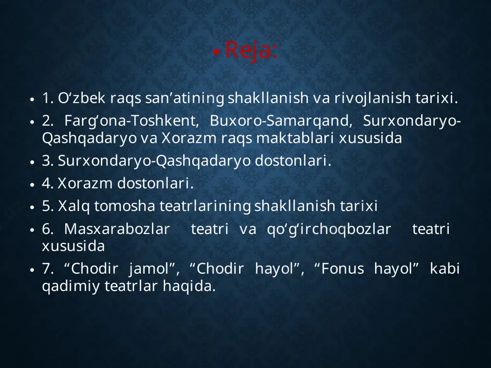 ‘ona, buxoro, qisman qo‘qon kabi madaniy markazlarning shahar raqslarida aniq ko‘zga tashlanmaydi. vujudga kelgan o‘ziga xos shahar madaniyatini ustoz san’atkorlar qat’iy saqlaganlar. qolgan hududlarda esa lirik raqslarning ikki turga bo‘linishi so‘z bilan belgilanibgina qolmay, balki ijro vaqtida ham yaqqol ko‘zga tashlanadi. jumladan, toshkent viloyatining bo‘stonliq tumanida ayollar va erkaklar raqs tushayotganda qo‘llarini yengil musht tugib, bosh barmoqlarini tepaga chiqarib qo‘yadilar. qo‘lning bunday holati faqat uyg‘urcha raqslarda kuzatiladi. lekin asosiy tana harakatlari majmuasi va ijro uslubi farg‘ona raqslariga xos. umuman olganda, toshkent raqslari farg‘ona maktabiga kiradi, lekin ijro uslubi, harakatlarning keskinligi, qomatning tik turishi bilan farg‘ona raqsidan farq qiladi. tanavor. raqqosa malika ahmedova xx asrda raqs san’ati buxoro raqsi, xorazm raqsi, farg‘ona raqsi yo‘nalishida; zamonaviy sahna talablari asosida qayta ishlangan sahnaviy xalq raqsi sifatida: milliy raqs unsurlaridan foydalangan balet spektakllari tarzida rivojlanib keldi. mazkur yo‘nalishlarning har biri asr davomida bir necha tarixiy bosqichni bosib o‘tib, o‘z shaklishamoyili, mazmuniga ega bo‘ldi. bir …
