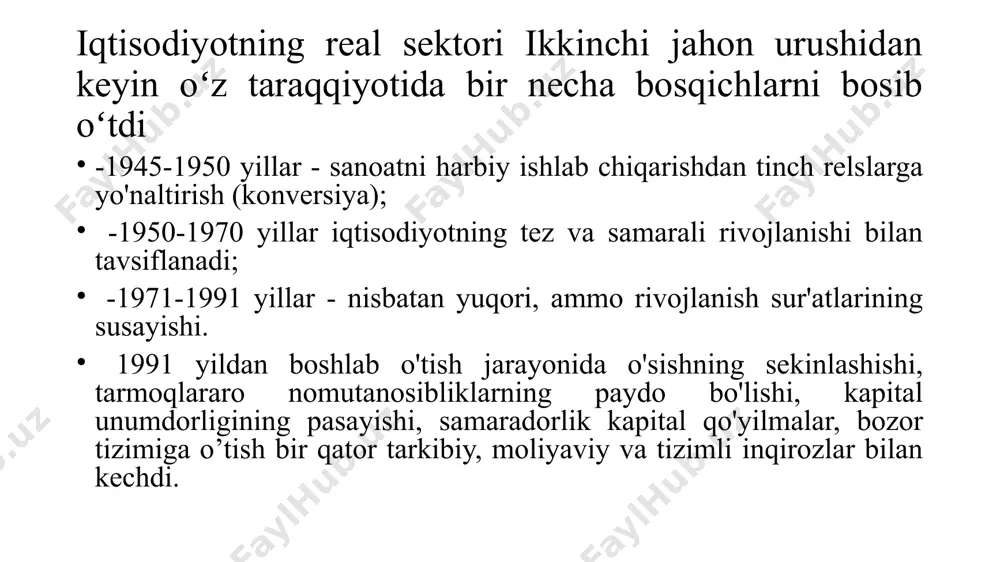 uzgarishi mamlakatdagi inflyasiyaning umumiy kusatkichi buladi. shuning uchun ham milliy ishlab chiqarish hajmini va tarkibini ifodalashda qiymat ko‘rsatkichlaridan foydalaniladi. bu ko‘rsatkichlar ikki miqdor yordamida aniqlanadi: - ishlab chiqarishning natural shaklidagi hajmi; - narxlar darajasi. amaliyotda milliy hisobchilik tizimida narxlarning ikki ko‘rinishi qo‘llaniladi: -joriy yoki haqiqiy narxlar; - o‘zgarmas yoki solishtirma bazis narxlar. bozor savatining bahosi shu yilning narxlarida deflyator = --------------------------------------------------------------x 100 bozor savatining bahosi bazis yili narxlarida nominal yaim real yaim = -------------------------- x 100 % deflyator mamlakat iqtisodiyotining holati va rivojlanishini iqtisodiyotni hamda uning eng muhim sektorlari va sohalarini tavsiflovchi ko‘rsatkichlar muayyan darajasidan foydalangan holda baholash va tahlil qilish mumkin. bu birinchi navbatda, mht makroiqtisodiy ko‘rsatkichlari – yaim, yamd, md, tyamd, shuningdek, umumlashtiruvchi xususiyatga ega bo‘lgan, asosiy iqtisodiy ko‘rsatkichlar deb nomlanuvchi boshqa muhim indikatorlardir birichidan, mamlakat yaimning joriy narxlar bo‘yicha milliy valyutadagi hajmlari va hajmlarining indekslari., ikkinchidan, asosiy xarajatlar bo‘yicha yaim tarkibi., uchinchidan, yaimning muayyan yil narxlaridagi hajmlari …