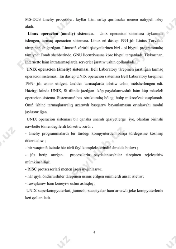 . windows 95 operacion (ámeliy) sisteması. windows 95 baylanıs hám baylanısıw ushın islep shıǵılǵan birinshi operacion sistema bolıp tabıladı. dáslepki bar 1995 jıldıń 24 avgustında shıǵarılǵan microsoft korporatsiyasınıń operacion sisteması, ámeliy sisteması. windows 3.1. operacion sisteması, ámeliy sistemasın talay artta qaldırǵan. paydalanıwshınıń jańa interfeysine qosımsha túrde, windows 95 óz ishine kóplegen zárúrli angitdan kiritilgen funksiyalarǵa iye. ol, 32-xanalı qóllanbalardı quwatlaydı, bul bolsa, arnawlı sol operacion sistema ushın jaratılǵan qóllanbalar jáne de tezirek islewin ańlatadı. sol menen birge, windows 95, windows hám dosning eski qóllanbaların atqara aladı. windows 95 de, dosdagi tiykarǵı yad 640 k hám fayl atınıńń uzınlıǵı 8 belgi bolıwı kerekligi sıyaqlı sheklewler biykar etilgen. windows 98 operacion (ámeliy) sistema. azalda, bul operacion sistemanı memphis, keyininen windows 97 dep ataldı, biraq microsoft kompaniyası, operacion sistema múddetinde, 1997 jılda tayın bolmaǵanlıǵı sebepli, onıń atınıń ózgertiwge májbúrli. windows98 kóplegen jańa texnologiyalardı quwatlaw imkaniyatın beredi, sonday-aq, fat32, agp, mmx, usb, dvd hám …