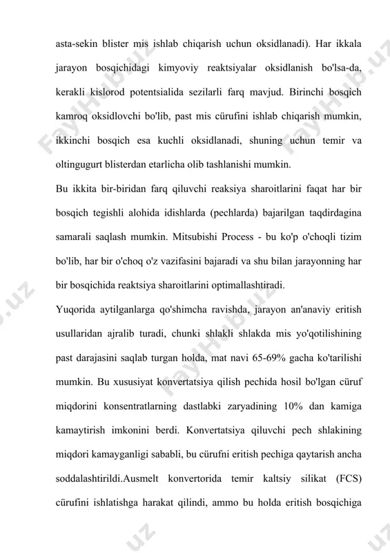 cao-1,8-4,5. eritmalar mikserlardan cho'chqalarga quyiladi. mikserlar mat va cürufni to'kish uchun og'izlar bilan jihozlangan. tabiiy gaz sifonlarni va mat va shlakli aralashtirgichlarni, oqim trubasini va o'choq hammomini isitish uchun ishlatiladi. gaz iste'moli pechning ish rejimiga qarab 800-2200 m 3 soat oralig'ida. pech alkont kompyuteri tomonidan taqdim etilgan avtomatlashtirilgan boshqaruv tizimi bilan jihozlangan. shuningdek, harorat, bosim, bunkerlardagi zaryad darajasini, material sarfini o'lchash uchun mahalliy avtomatlashtirish vositalari mavjud. texnologik gazlarni tahlil qilish, elektrostatik cho'ktirgichlar, gaz sovutish minoralari ishini nazorat qilish. eritma zonasidan texnologik gazlar chiqindi issiqlik qozoniga kiradi, unda yuqori bosimli bug 'ishlab chiqariladi. qozonga kirish joyidagi gazlarning harorati taxminan 1250 ° s ni tashkil qiladi va qozondan chiqishda - 400 ° s. qozondan gazlar avtomatik bug'lanishli sovutish rejimida ishlaydigan sovutish minorasiga kiradi va keyin changni tozalash uchun elektrostatik cho'kindilarni kiriting. vanyukov pechi nisbatan nam materiallarni qayta ishlashga qodir. bu holda jarayonning avtogenligi portlashda kislorod miqdori ortishi bilan ta'minlanadi. shunday qilib, namlik …