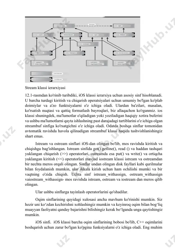 mumkin. hali ham c++ oqimlari haqida bilishingiz kerakmi? ha, chunki ular: fayllarga ma'lumotlarni yozish, shuningdek, keyinchalik matn kiritish/chiqarish oynalarida foydalanish uchun xotiradagi ma'lumotlarni formatlashning eng yaxshi usuli va boshqa gui elementlari stream klassi ierarxiyasi 12.1-rasmdan ko'rinib turibdiki, ios klassi ierarxiya uchun asosiy sinf hisoblanadi. u barcha turdagi kiritish va chiqarish operatsiyalari uchun umumiy bo'lgan ko'plab doimiylar va a'zo funktsiyalarni o'z ichiga oladi. ulardan ba'zilari, masalan, ko'rsatish nuqtasi va qattiq formatlash bayroqlari, biz allaqachon ko'rganmiz. ios klassi shuningdek, ma'lumotlar o'qiladigan yoki yoziladigan haqiqiy xotira buferini va ushbu ma'lumotlarni qayta ishlashning past darajadagi tartiblarini o'z ichiga olgan streambuf sinfiga ko'rsatgichni o'z ichiga oladi. odatda boshqa sinflar tomonidan avtomatik ravishda havola qilinadigan streambuf klassi haqida tashvishlanishingiz shart emas. istream va ostream sinflari ios-dan olingan bo'lib, mos ravishda kiritish va chiqishga bag'ishlangan. istream sinfida get().getline(), read () va haddan tashqari yuklangan chiqarish (>>) operatorlari, ostreamda esa put() va write() va ortiqcha yuklangan kiritish ( …