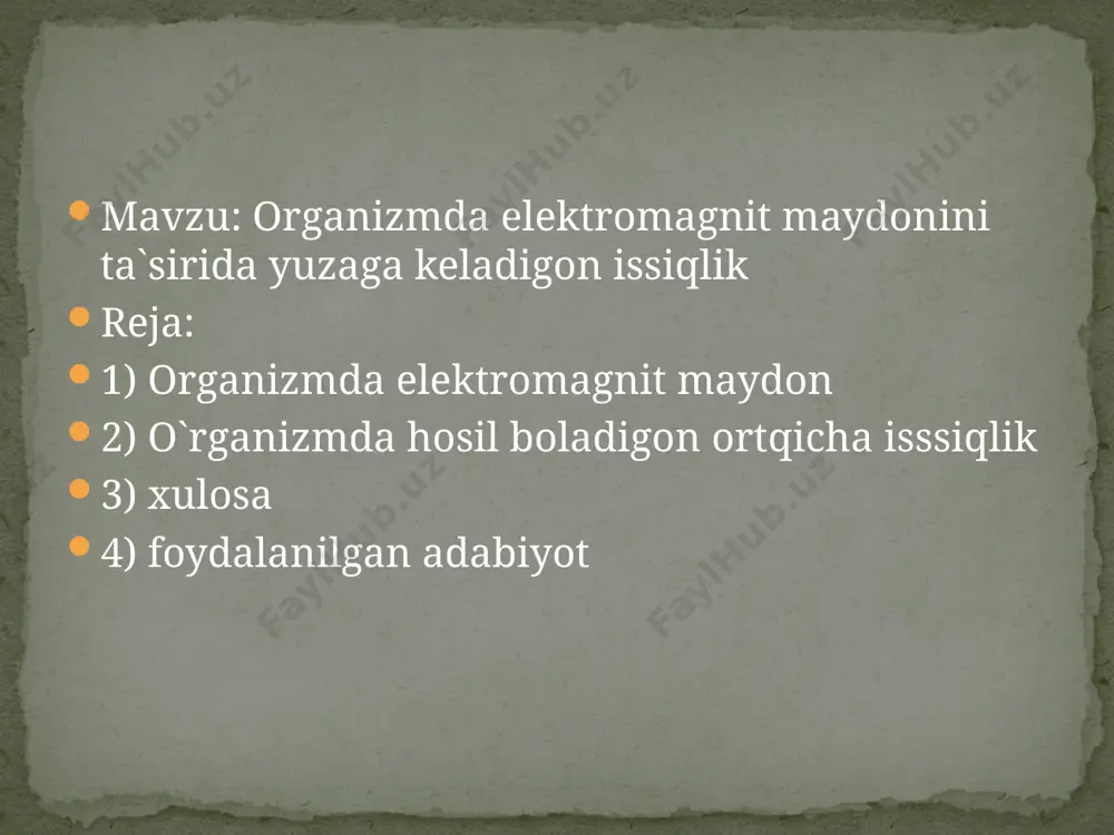 rsatuvchi ta’siri shuncha ko’p bo’ladi. tebranish chastotasining ortishi tana o’tkazuvchanligi va energiya yutish nisbatini oshiradi, ammo kirib borish chuqurligini kamaytiradi. uzunligi 10 sm dan qisqa bo’lgan to’lqinlarning asosiy qismi teri hujayralarida yutilishi tajriba asosida tasdiqlangan. 10-30 sm diapazondagi nurlanishlar teri hujayralarida kam yutiladi (30-40%) va asosan ularning yutilishi insonning ichki organlariga to’g’ri keladi. bunday nurlanishlar nihoyatda xavfli hisoblanadi. organizmda hosil bo’lgan ortiqcha issiqlik ma’lum chegaragacha inson organizmining tyermoregulyasiyasi hisobiga yo’qotilishi mumkin. issiqlik chegarasi deb ataluvchi ma’lum miqdordan boshlab (i>10 mvt/sm2), inson organizmda hosil bo’layotgan issiqlikni chiqarib tashlash imkoniyatiga ega bo’lmay qoladi va tana harorati ko’tariladi, bu esa o’z navbatida organizmga katta zarar etkazadi. issiqlik yutilishi inson organizmining suvga syerob qismlarida yaxshi kechadi (qon, muskullar, o’pka, jigar va h.k). ammo issiqlik ajralishi qon tomirlari sust rivojlangan va tyermoregulyasiya ta’siri kam bo’lgan organlar uchun juda zararlidir. bularga ko’z, bosh miya, buyrak, ovqat hazm qilish organlari, o’t va siydik xaltalari kiradi. ko’zning nurlanishi …