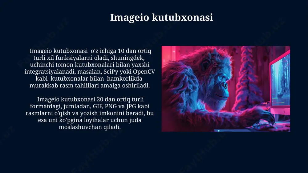 d o'yinlarni yaratishda, blender kabi dasturlar bilan birgalikda python skriptlarini qo'llash orqali 5000 ta poligondan iborat murakkab modellarning animatsiyasini real vaqtda amalga oshirish mumkin, natijada los-anjelesdagi kompyuter grafikasi studiyalariga xos sifatga erishiladi. python'dagi numpy va scipy kutubxonalari yordamida 10000 ta nuqtadan tashkil topgan murakkab fraktal animatsiyalarni hisoblash va render qilish mumkin, bu esa moskva kabi yirik shaharlardagi ilmiy-tadqiqot institutlarida qo'llaniladigan yuqori aniqlikdagi vizualizatsiyalarni yaratishga imkon beradi. e'tiboringiz uchun rahmat @taqdimot_robot image5.jpg image6.jpg image7.jpg image8.jpg image9.jpg image10.jpg image11.jpg image12.jpg image13.jpg image14.jpg image15.jpg image16.jpg image17.jpg image18.jpg image19.jpg image20.jpg image21.jpg image1.jpg