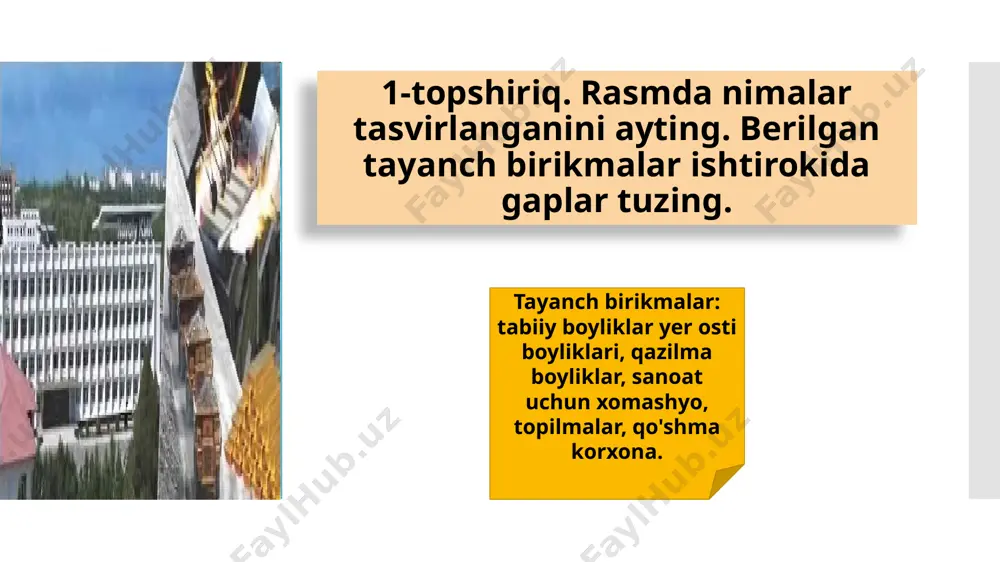 oblanadi. savollar 1. toshkent viloyati hududida qanday sanoat shaharlari joylashgan? 2. olmaliq shahrida qanday konlar mavjud? bekobodda-chi? 3. angren shahri qaysi kon negizida barpo etilgan? 4. ohangaronda nimalar ishlab chiqariladi? 5. siz yashaydigan viloyat hududida qanday tabiiy boyliklar mavjud? 5-mashq. mavzu bo'yicha olgan ma'lumotlaringiz asosida matnni davom ettirib yozing. atrofimizni qurshab olgan tabiatdagi barcha narsalar va jonzotlar tabiiy boyliklar hisoblanadi. ularga daryolar, koʻllar, dengizlar, o'r monlar, hayvonot dunyosi kiradi. biz ushbu boyliklarni asrab-avaylasak, ulardan samarali foydalansak, ular yurtimizning ravnaqi uchun xizmat qiladi. olimlarning fikriga qaraganda,... uyga vazifa. „geografiya" fanidan olgan bilimlaringiz asosida o'zbekiston yer osti boyliklari haqida ma'lumot tayyorlang 3-dars 6-topshiriq. matnni o'qing va savollar asosida suhbatlashing. navoiy viloyati respublikamizning yetakchi sanoat markazlaridan biridir. viloyat hududida tabiiy boyliklardan volfram, fosfor, kvars, qum, sement, ohak bor. oltin konlari mavjudligi tufayli bu yerda oltin sanoati yuzaga keldi. navoiyda respublikada eng yirik sanoat korxonalari, navoiy gres, navoiyazot", elektrokimyo", nurotamarmar" ishlab chiqarish majmualari ishlab …