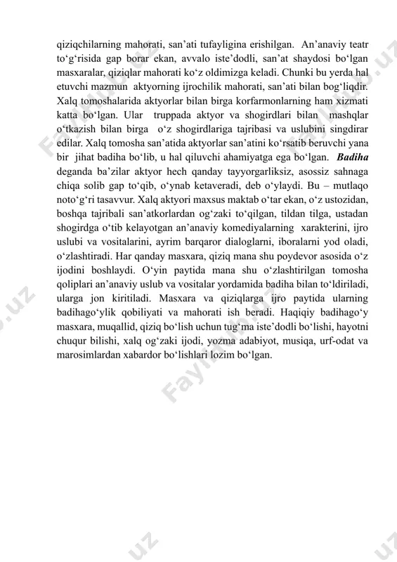 at jumaniyozov, bobojon nurmatov, rayimboy qurbonniyozov singari о‘nlab professional masxarabozlarning faoliyatini tilga olish mumkin. buxoro, samarqand, qashqadaryo va surxondaryo viloyatlarida masxarabozlar merosi xorazmdagiday yaxshi saqlanmagan, an’analar izchil davom ettirilmagan bо‘lsa-da, bir qator taniqli masxarabozlar, atoqli san’atkorlar о‘zlarining sermazmun ijodlari bilan yosh san’atkorlarga ijobiy ta’sir kо‘rsatganlar. shu tо‘g‘rida sо‘z borganda samarqandlik hoji tam-tam (hoji qurbon hamidov), buxorolik gadoy masxara tо‘layev, safar masxara abdullayev, ochil masxara umirov, qashqadaryolik berdiyor diyorovlarni esga olish mumkin. an’anaviy teatr. aktyor - an’anaviy teatr spektakllarini harakatlantiruvchi kuch bо‘lib hisoblangan. tomoshalarning tabiiy chiqishiga shartli bezaklar, shartli asboblar, masxaraboz va qiziqchilarning mahorati, san’ati tufayligina erishilgan. an’anaviy teatr tо‘g‘risida gap borar ekan, avvalo iste’dodli, san’at shaydosi bо‘lgan masxaralar, qiziqlar mahorati kо‘z oldimizga keladi. chunki bu yerda hal etuvchi mazmun aktyorning ijrochilik mahorati, san’ati bilan bog‘liqdir. xalq tomoshalarida aktyorlar bilan birga korfarmonlarning ham xizmati katta bо‘lgan. ular truppada aktyor va shogirdlari bilan mashqlar о‘tkazish bilan birga о‘z shogirdlariga tajribasi va uslubini …
