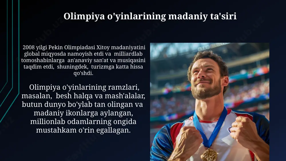 n shahrida (avstraliya) bo'lib o'tadi va 30 dan ortiq sport turlarini o'z ichiga oladi, bu esa ishtirokchilar sonini 10 mingdan oshiradi. kelgusi olimpiadalar ekologik jihatdan barqaror bo'lishga intiladi, masalan, 2024-yilgi parij o'yinlarida 100% qayta ishlangan materiallardan foydalanish rejalashtirilgan. yozgi olimpiada sport turlari 2024 yilgi parij olimpiadasida 32 ta sport turi, 48 ta intizom va 328 ta medal to'plami uchun bahslar bo'lib o'tadi. 1952 yilgi helsinki olimpiadasida sssr terma jamoasi 71 ta medalni qo'lga kiritdi, jumladan, 22 ta oltin medal. doping nazorati 2004 йилги афина олимпиадасида 22 та спортчи допинг назоратидан ўтказилган ва уларнинг 12 тасида тақиқланган моддалар аниқланган, бу эса мусобақанинг обрўсига путур етказган. допинг назорати учун ўтказиладиган тестларнинг 90% дан ортиғи қон ва сийдик таҳлилидан иборат бўлиб, лондон 2012 йилги олимпиадада 6000 дан ортиқ спортчи шу йўл билан текширилган. qishki olimpiada sport turlari qishki olimpiada o'yinlari tarixida eng ko'p oltin medalni 12 ta bilan norvegiya qo'lga kiritgan. 1924 yildan …