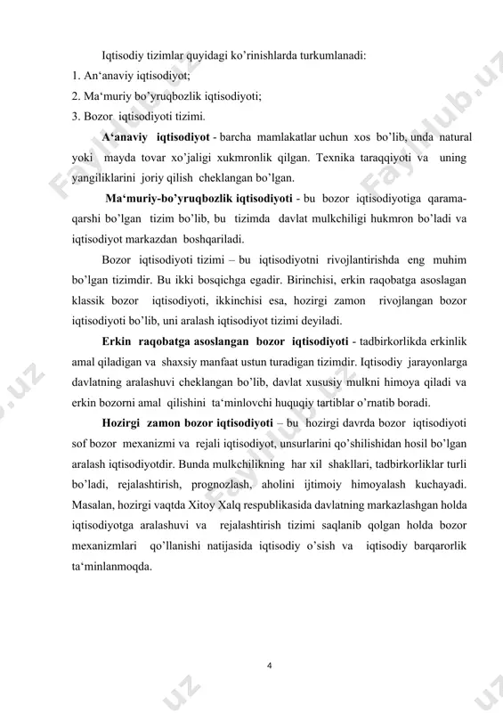 shakllantirish jarayonida kishilarni narsalarga va barcha moddiy va nomoddiy borliqqa munosabatining paydo bo’lishi mulkchilikni keltirib chiqaradi. aytish mumkinki, mulkchilik munosabatlari – bu iqtisodiy va doimiy kategoriya bo’lib, bu mulkka egalik qilish, foydalanish, o’zlashtirish va tasarruf etish jarayonlarida vujudga keladigan iqtisodiy munosabatlar majmuidir. mulkka egalik qilish – bu mulkni egasi qo’lida mavjud bo’lishidir va yaratilgan moddiy boyliklarni o’zlashtirishning ijtimoiy shaklidir. shuning bilan bir qatorda mulk kishiga boshqa kishilar foydalanishi mumikn. mulkdan foydalanish – bu mol-mulkning iqtisodiy faoliyatda ishlatilishini bildiradi. mol-mulkni o’zlashtirish - bu daromad olish uchun yoki shaxsiy ehtiyojni qondirish uchun ishlatilishidir. mulkni tasarruf etish – bu mol–mulk taqdirini mustaqil hal etishni bildiradi. bu mustaqillik mol-mulkni sotish, meros qoldirish, hadya qilish, ijaraga berish, davlat ixtiyoriga o’tkazish kabi ko’rinishlardan iboratdir. mulkchilikning munosabatlarining iqtisodiy mazmunini mulkka egalik qilish, foydalanish, o’zlashtirish va tasarruf etish belgilaydi va jamiyatdagi huquqiy, iqtisodiy munosabatlar mazmunini o’zida ifodalaydi. mulkchilik shu sababli bir vaqtning o’zida ham huquqiy, ham iqtisodiy ham …