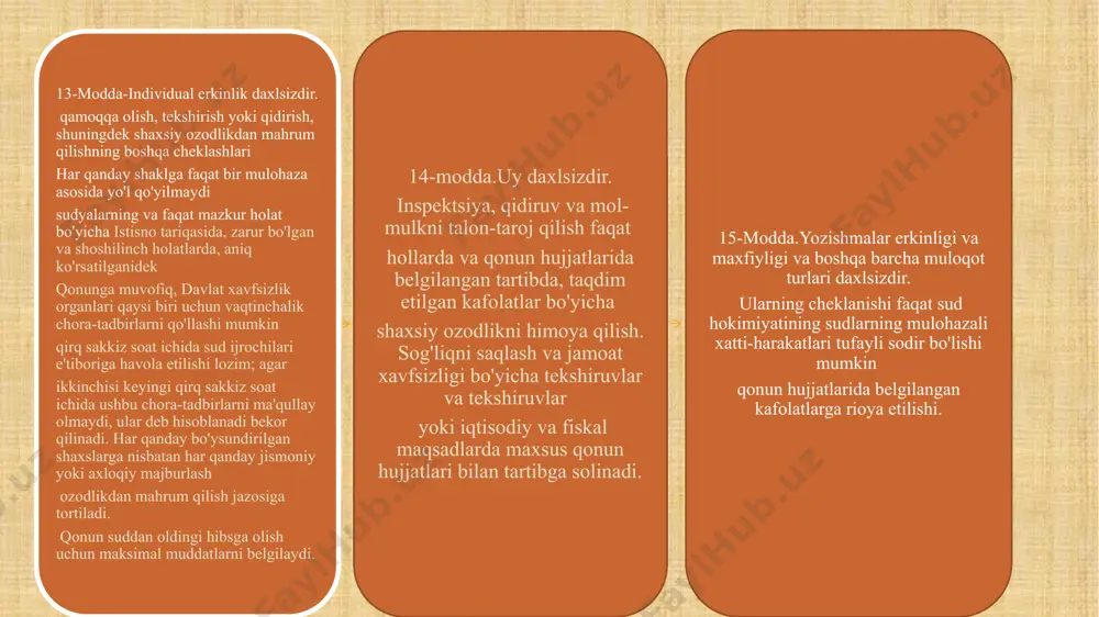 ti. ularni qanday targʻib qilishadi. muhr avtorizatsiyaga yoki tsenzuraga tortilmasligi mumkin. musodara qilish faqat sudning oqilona xatti-harakatlari asosida qo'llanilishi mumkin. "matbuot to'g'risida"gi qonun ochiq-oydin ruxsat bergan jinoyatlar sodir etilgan hollarda musodara qilish, yoki ushbu qonunda nazarda tutilgan qoidalar buzilgan taqdirda mas'ul shaxslarni identifikatsiyalash. mutlaq shoshilinch bo'lgan taqdirda va o'z vaqtida aralashuv mumkin bo'lmagan hollarda mansabdor shaxslar tomonidan davriy ma'nlarni musodara qilish amalga oshirilishi mumkin yigirma ichidan darhol va kechiktirmay o'tadigan sud politsiyasi xodimlari buni to'rt soat ichida sudlar e'tiboriga havola etish. agar sudlar ma'qullamasa keyingi yigirma toʻrt soat ichida musodara qilish, ikkinchisi bekor qilingan deb hisoblansin qonun, umumiy qoida sifatida, ma'lumotlarning majburiy oshkor etilishini o'rnatishi mumkin qonun, umumiy qoida sifatida, ma'lumotlarning majburiy oshkor etilishini o'rnatishi mumkin 22-modda. -siyosiy sabablarga koʻra hech kim oʻzining qonuniy imkoniyatidan mahrum qilinmaydi; fuqarolik, uning nomi. 23-modda. hech qanday shaxsiy boj va mol-mulk solig'i qo'yilmaydi. qonunchilik asosidagidan boshqacha tarzda o'rnatiladi. 24-modda. har bir inson o'z huquqlarini …