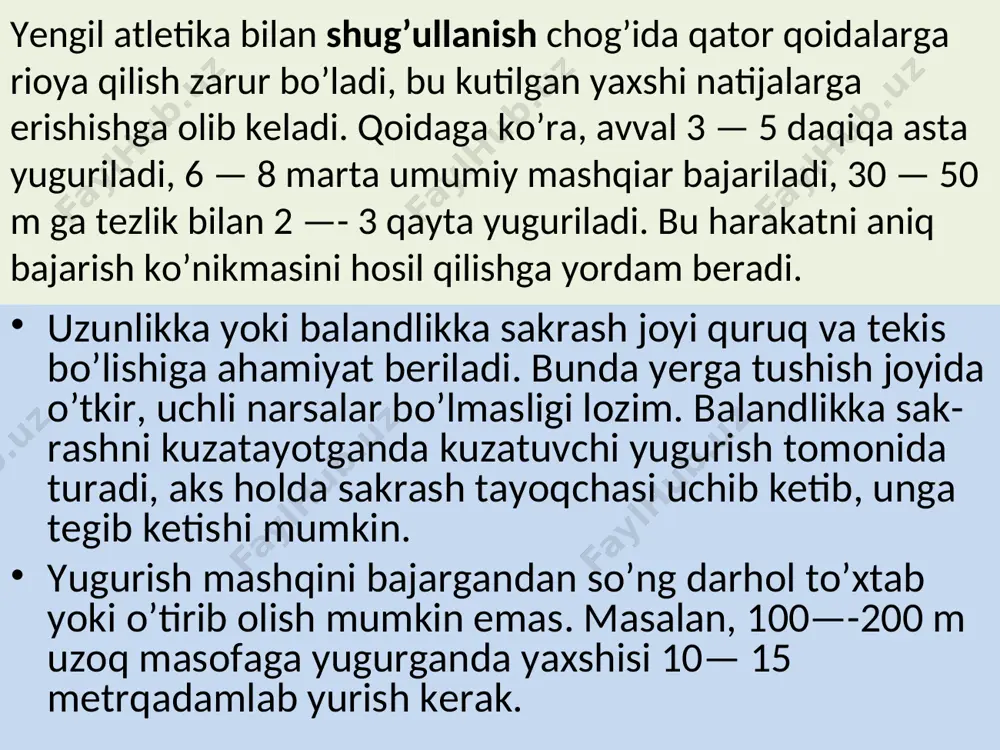 amlar tashlashga harakat qiladi. qo’llar bir maromda harakatlanib, u tirsakdan bukilgan bo’iadi. qo’llar musht qilinmaydi, tana bir oz oldinga egilgan bo’ladi. bel ham butunlay bukilmagan va tishlar ham bir-biriga qattiq bosilmaydi, faqat olg’a intilib, harakatlar erkin bajariladi. “diqqa” komandasi berilishi bilan har ikkala oyoq bukiladi, tana og’irligi oldinda turgan oyoqqa ttishadi. qo’llar tirsakdan bukilgan va bittasi oldinga uzatilgan bo’ladi. ,,marsh" komandasi berilishi bilan, yuguruvchi oyog’ini yerdan keskin uzib, tegishli tezlik olish uchun tezroq hara-kat qiladi. u masofani yengil va erkin bosib o’tishga, harakatlari tabiiy bo’lishiga erishishi lozim. boshida oyoqning butun kafti bilan, masofaning ayrim qismlarini esa oyoq uchi bilan bosib o’tishga urinish kerak. yugurish chog’ida, masofaning tekis joylarida gavda bir oz oldinga engashadi va boshni to’g’ri tutib, oldinga qarab turiladi. qoilar yarim musht qilinib, tirsakdan bukiladi va mokisimon, yengil harakatda bo'linadi, yelkalarni yuqori ko’tarib olinmaydi. finishga 100 — 200 metr qolganda qo’llar harakati teziashadi, tana ko’proq egiladi, qadamlar ham yanada …