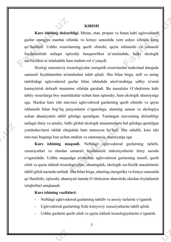 rdan energetika va kimyo sanoatida foydalanish imkoniyatlaridir. obyekt sifatida uglevodorod gazlar va ularning iqtisodiy, ekologik va texnologik jihatlari tahlil qilinadi. kurs ishining predmeti. neftdagi uglevodorod gazlarning tarkibi, xususiyatlari, qazib olish, qayta ishlash texnologiyalari va ulardan energetika va kimyo sanoatida foydalanish jarayonlari, shuningdek, ularning ekologik ta'siri va samarali boshqarish usullaridir. tadqiqot predmeti sifatida uglevodorod gazlarining sanoat va iqtisodiyotdagi roli, ularni samarali foydalanishning amaliy yondashuvlari ko‘rib chiqiladi. kurs ishining tuzilishi. kirish, texnik qism (adabiy sharh), texnologik qism, xulosa va adabiyotlar ro‘yxatidan iborat. 1. neftdagi uglevodorod gazlarning tarkibi va xususiyatlari neftdagi uglevodorod gazlar asosan metan (ch₄), etan (c₂h₆), propan (c₃h₈), butan (c₄h₁₀), va ularning boshqa alifatik va ciklik birikmalaridan tashkil topgan. ushbu gazlar neft va tabiiy gazning tarkibida mavjud bo‘lib, ular yonilg‘i sifatida, shuningdek, kimyo sanoatida xom ashyo sifatida foydalaniladi. har bir gazning o‘ziga xos fizika-kimyoviy xususiyatlari mavjud: metan (ch₄): metan (ch₄) - bu oddiy uglevodorod bo‘lib, asosan tabiiy gazning asosiy tarkibiy qismini …