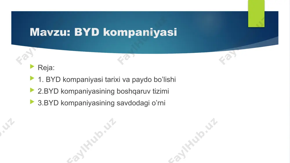 tomobillar dizayneri volfang eggerni ishga taklif etadi. o‘shangacha egger audi kompaniyasida ishlab kelayotgandi. egger kelgandan so‘ng byd mashinalarining tashqi va ichki ko‘rinishlari o‘zgacha ko‘rinish oladi. bu esa kompaniyada tayyorlanayotgan mashinalarning yanada ommalashishiga sabab bo‘ladi. 2017 yilda dunyodagi elektromobillar ishlab chiqaruvchi 10 ta yirik korxonadan oltitasi xitoyda joylashgandi. bular byd, faw group, saic, geely, baic, dongfeng kompaniyalari edi. qolgan 4 tasi ham xitoyliklar bilan hamkorlik qilardi. o‘sha paytda xitoydagi elektromobillar ishlab chiqaruvchi korxonalarning eng yirigi byd edi. kompaniya xitoy va janubiy-sharqiy osiyodan chiqib, amerika bozoriga kira boshlagandi. 2020 yilda kompaniya toyota bilan elektromobillar ishlab chiqaruvchi qo‘shma korxona ochadi. 2023 yil mart oyida byd taylandning rayong provinsiyasida o‘zining xorijdagi birinchi avtozavodini ochdi. byd tarkibiga kiruvchi shu’ba korxonalarfoto: bugun byd tarkibida avtomobillardan boshqa turli mahsulotlar ishlab chiqaruvchi o‘ndan oshiq shu’ba korxonalar bor. ularda elektromobillar uchun akkumulyatorlardan tortib, quyosh panellarigacha ishlab chiqaruvchi kompaniyalar bor. jumladan: byd lithium batteries co., ltd. – elektromobillar uchun litiy-ionli …