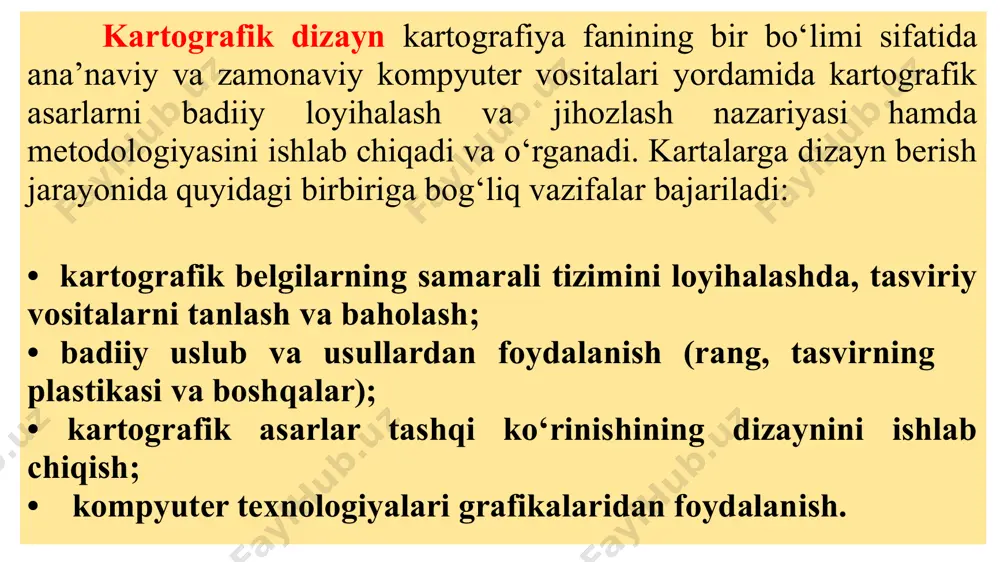 arni tuzishning turli bosqichlarida dizayn. karta yaratishdagi to‘liq davriy ishlar tizimli bosqichlardan tashkil topadi: loyihalashtirish, tuzish, kartani nashrga tayyorlash va uni nashr qilish. ushbu jarayonlarda, ya’ni karta bezashga taalluqli hamda uni yaratishdagi har bir bosqichida amaliy ishlar bajariladi. kartaning loyihasini ishlab chiqishda asosiy masala yechiladi, ya’ni mazmunning har bir elementi va kartografik bel­gilarning bir butun tizimini ishlab chiqish, keyinchalik loyihalash uchun tasviriy vositalar tanlanadi. ushbu bosqichda eng asosiy jarayon – kartani grafik legendasini tuzish, shartli belgilarni aniq tizimda va ketma­ketlikda joylashtirish, guruhlar hamda alohida belgilarning masofasini hisoblash, shrift o‘lchamlarining o‘zaro nisbatini, sarlavhalar va shartli belgilarni tushuntiruvchi yozuvlarni aniqlash ishlari olib boriladi. kartani nashrga tayyorlash jarayonida, bezash ishlarining asosiy qismi bajariladi – bunda kartaning asl nusxalarini tayyorlash, ularning bosma shakllarini olish uchun maxsus belgilangan vositalardan foydalaniladi. karta va atlaslarni maqsadga ko‘ra dizayn qilish yuqorida aytilganidek, karta bilan ishlash sharoiti va vazifasi dizaynning o‘ziga xosligiga va xususiyatiga katta ta’sir ko‘rsatadi. ayniqsa aniq …