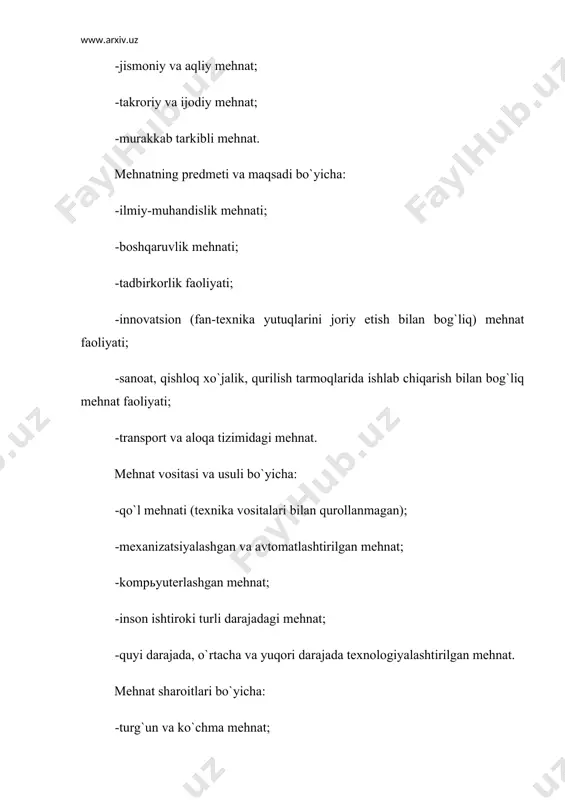 ning erkin amal qilishini kafolatlovchi huquqiy asoslarning mavjudligi; -mehnat bozori infratuzilmasining mavjudligi; -ish haqi miqdorining chegaralanmasligi; -uy-joy bozorining mavjudligi. respublikamizda o`tgan yillar davomida ishchi kuchiga bo`lgan talab va taklifni tartibga solishning tashkiliy va huquqiy asoslari shaklantirildi, har bir fuqaro uchun o`z qobiliyatiga va hohishiga qarab faoliyat sohasi va turini tanlash imkoniyatlari yaratildi. qabul qilingan qonunlar va hukumat qarorlari tufayli hamda islohotlarning ijtimoiy yo`naltirilganligi natijasida mehnat bozoridagi vaziyatning keskinlashib ketishi va ommaviy ishsizlik vujudga kelishining oldi olindi. mehnat bozori iqtisodiy islohotlarning aniq yo`nalishlari va ularni chuqurlashtirish bilan bog`liq ravishda shakllandi. bozor mexanizmi bir necha o`zaro bog`liq tarkibiy qismlardan: iste`mol bozori, ishlab chiqarish vositalarining ulgurji bozori, investitsiya va moliya bozorlari hamda mehnat bozoridan tashkil topishi kerak. iqtisodiyotning samarali amal qilishi uchun barcha yuqorida keltirilgan bozorlarda, shu jumladan, mehnat bozorida talab va taklif muvozanati zarur. mehnat bozorining resurslar bozorining boshqa turlaridan farq qiluvchi jihatlari mavjud bo`lib, ular quyidagilardan iboratdir: birinchidan, mehnat bozoridagi taklif …
