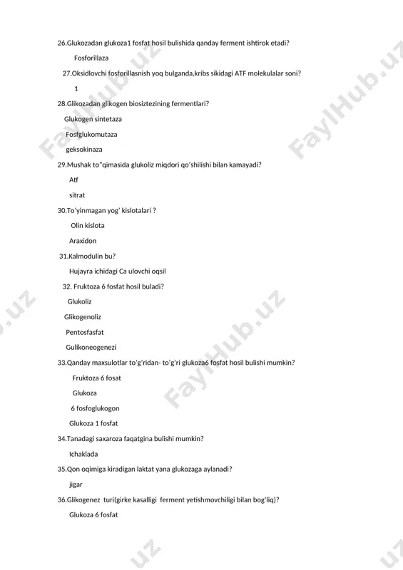 qiling? insulin prostoglandinlar 53.ichakni limfa tizimida diffuziya ? xm 54.atsetil koa sintezida ishtirok etadi? xolestrin atsetoatsetat bjk 55.qonda piruvat kislotaning miqdori qaysi vitamin yetishmivchiigi bilan ortadi? b1 56.eritrositdagi pentoz fasfat yo’lining asosoiy vazifasi nima? nadf*h2 hosil bulishi 57.insulinlarga bog’liq bulmagan qandli diabet kasalligi paydo bulganda paydo buladi? insulinga bogliq glukoza miqdoini buzilishi 58.inson tanasida eng kata glokogen miqdori? muskullarda allosterin glikolizni reglyatori? amiak atf 59.anteantirogenga qarshi xususiyat? lpvp 60.amiakni zararsizlantirishda aminokislotalar? asparagin kislota glutamin kislota 61.aminokislotalarni transaminlash jarayoni? piridoksal fosfat ishtirokida yuzaga keladi almashinuvuchan aminikislotalarni xoil bulushini taminlaydi 63.aralash (glikogen va ketoginik) aminokislotalar mavjud? triptofan tirozin fenil alanine 64.glukozadan glukoza 1fosfat hosil bulishiga qanday ferment ishtirok etadi? fosforillaza 65.oksidlovchi fosforillanish yuq bulganda kres siklidagi atf rentabelligi(malekulalar soni)? 1