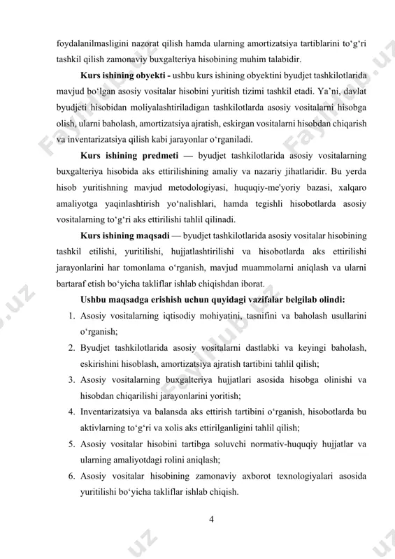 . byudjet tashkilotlarida asosiy vositalarning mohiyati va ularning hisobini yuritish nazariy asoslari 1.1. asosiy vositalar tushunchasi, ularning tasnifi va baholanishi asosiy vositalar tushunchasi va ularning iqtisodiy mohiyati xo‘jalik yurituvchi subyektlarning ishlab chiqarish va xizmat ko‘rsatish faoliyatida uzoq muddat foydalaniladigan, o‘zining asl shaklini yo‘qotmagan holda, asta-sekin eskirgan holda qiymatini mahsulot (ish, xizmat) tannarxiga o'tkazadigan moddiy aktivlarni anglatadi. ular ishlab chiqarish jarayonining zaruriy komponentlaridan biri hisoblanadi va korxona resurslarining asosiy qismini tashkil etadi. asosiy vositalar buxgalteriya hisobida muhim hisob obyektlaridan bo‘lib, ularning to‘g‘ri hisobga olinishi, baholanishi va amortizatsiyasini yuritish korxona moliyaviy holatini real aks ettirish imkonini beradi[footnoteref:1]. [1: abdukarimov, s. sh. byudjet tashkilotlarida buxgalteriya hisobining zamonaviy yo‘nalishlari. — toshkent: iqtisod-moliya, 2021. — 196 b.] asosiy vositalar tarkibiga binolar, inshootlar, mashina va uskunalar, transport vositalari, ishchi hayvonlar, ko‘p yillik ekinlar va boshqa shu kabi moddiy vositalar kiradi. ular bir necha yillar davomida xizmat qiladi va har bir yillik faoliyatda ishtirok etganligi uchun ularga …