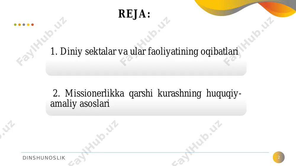 exas shtatidagi ueyko shahrida devid koresh tomonidan adventistlik zamirida shakllantirilgan • o‘zini «xaloskor» deb e’lon qilgan, jamoada o‘zining mutlaq hokimiyatini o‘rnatib, barchaga o‘z mulkidek munosabatda bo‘lgan sekta rahbari ueyko shahrida qurilgan maxsus ranchoda izdoshlari bilan rohibona hayot kechiradi. 1993 yilda politsiya tomonidan uni qo‘lga olish bo‘yicha amalga oshirilgan tadbir davomida, qamalishni istamagan «payg‘ambar» o‘zi va barcha sekta a’zolari joylashgan ranchoni portlatib yuboradi. oqibatda 100ga yaqin kishi, shu jumladan, 25 nafar bola halok bo‘ladi. dinshunoslik «falungun» sektasi 8 1992 yilda xitoyda lyu xunchji tomonidan tuzilgan va 2 milliondan ortiq tarafdori bo‘lgan lyu xunchji faqat o‘zinigina zaminni halokatdan, kishilarni qiyinchiliklardan qutqaruvchi, jismoniy va ma’naviy yetuklikka boshlovchi, gunohlardan forig‘ qilishga qodir, deb hisoblaydi. oxirat bilan qo‘rqitish markaziy o‘rinni egallagan lyu xunchji ta’limotiga ergashish 2000 dan ortiq kishining halok bo‘lishi, yuzlab odamlarning ruhiy kasallikka chalinishiga sabab bo‘lgan. dinshunoslik missionerlikning milliy hayotga tahdidi 9 din milliy ma'naviyatning tarkibiy qismi, millatni birlashtirib turuvchi muhim omillardan biri …