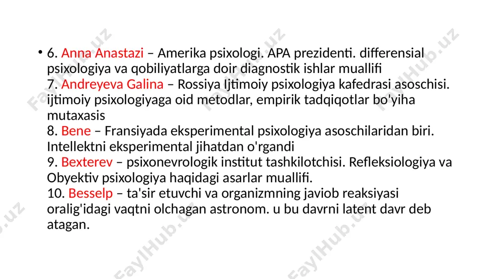 il etish va tuzish usullari haqidagi fan 43. moreno – sotsiometriya va psixodrama asoschisi, amerikalik psixiatr ijtimoiy psixolog. 44. pralogik tafakkur – levi-bryul tomonidan ibtidoiy xalqlarnitafakkur tarixini o’rganish uchun qo’llangan atama. 45. proyektiv test – krepelin tomonidan erkin assotsiatsiyalar tarzida qo’llanilgan. 46. psixotexnika – psixodiagnostika, mehnat psixologiyasi sohalarini o’rganuvchi psixologiya sohasi 47. pirson – korrelyatsiya mezonini ishlab chiqdi. statistik ko’rsatkichlari kichik bo’lgan qator raqamlarning o’zaro munosabatini aniqlash uchun ishlatdi. 48. reprezentativlik – tanlov guruxining o’rganilayotgan sifatlar majmuining ishonchlilik va tog’rililik mezoni 49. statistik metod – o’tkazilgan tadqiqot natijalarini miqdoriy hisoblab chiqish usuli. 50. veksler – 50-yillarda katta yoshdagilarni intellektni tekshirish shkalasini yaratdi foydalanilgan adabiyotlar ro’yhati: 1. eksperimental psixologiya va praktikum. rasulov.a, toirova. l, toirova sh. t.;2021 2. eksperimental psixologiya nishonova.z, qarshiyeva d t.; 2007 3. testologiya. rasulov.a, toirova.l. t.;2020 4. psixologik atamalar ruscha o’zbekcha izohli lug’ati shoumarov.b t.;2019 5. т. м. балыхина словарь терминов и понятий тестологии. москва.; издательство мгуп …