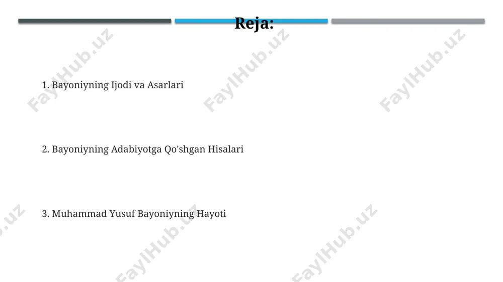 obda 100 dan ziyod she'riy namunalar keltirilgan bo'lib, ularning lingvistik tahlili orqali adabiy tilning rivojlanish bosqichlarini kuzatish mumkin. bayoniyning ushbu asari adabiyotshunoslik, tarixshunoslik va falsafa fanlari o'rtasidagi bog'lanishni 3 ta asosiy qismda tahlil qilib beradi. “adabiy merosining ahamiyati” asari 20 dan ortiq milliy qahramonlarning hayoti va faoliyatini yoritib beradi, shuningdek, 50 ga yaqin tarixiy manbalarga tayanadi. "sharh al-firoziy" asari asar, arab tili morfologiyasi, sintaksisi va semantikasi bo'yicha 500 dan ortiq muhim qoidalarni o'z ichiga oladi va talabalar uchun mukammal qo'llanma hisoblanadi. ushbu asarda bayoniy nafaqat firozobihiyning "al-firoziy" kitobiga sharh yozgan, balki o'zining chuqur bilimlarini va fikrlarini qo'shgan. "sharh al-firoziy" asariy 12 jilddan iborat bo'lib, arab tili grammatikasining murakkab masalalarini sodda va tushunarli tarzda bayon etadi. bayoniy va zamonaviy tilshunoslik bayoniyning fonetika bo'yicha kuzatishlari zamonaviy o'zbek tilining tarixiy rivojlanishini tushunishda 15-asrga oid noyob ma'lumotlarni taqdim etadi. bayoniyning 100 dan ortiq asari zamonaviy tilshunoslikda morfologiya, sintaksis va leksikologiya kabi sohalarda muhim manba …