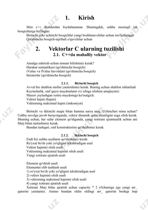 torni e'lon qilish uchun biz quyidagi strukturadan foydalanishimiz kerak: birinchidan, biz vektor so'zini yozamiz . keyinchalik, ko'mir qavslarida biz hujayralarni to'ldiradigan turni ko'rsatamiz. va oxirida biz vektor nomini ko'rsatamiz. yuqoridagi misolda biz qator vektorini yaratdik. aytgancha, biz vektorni ishga tushirishda ham to'ldirishimiz mumkin (biz boshqa usullardan keyinroq o'tamiz — vektor usullarida). bu massivlarda bo'lgani kabi oddiy tarzda amalga oshiriladi. bu shunday: vektor nomidan keyin biz tenglik belgisini va qavslarni qo'yamiz, unda bo'sh joy orqali elementlarning qiymatini ko'rsatamiz. ushbu ishga tushirish usuli faqat c++da ishlatilishi mumkin! shunday qilib, vektorni satrlar bilan to'ldirish uchun biz tirnoqlardan foydalanishimiz kerak — "string" . hujayraga murojaat qilishning ikkinchi usuli biz bilamizki, vektor hujayraga kirish uchun indekslardan foydalanadi. biz ularni odatda kvadrat qavslar bilan baham ko'ramiz [] . ammo c++ da at () funktsiyasi tufayli buni amalga oshirishning yana bir usuli mavjud. qavslar ichida biz murojaat qilish kerak bo'lgan katakchaning indeksini ko'rsatishimiz kerak. 2.2.1. bu amalda …
