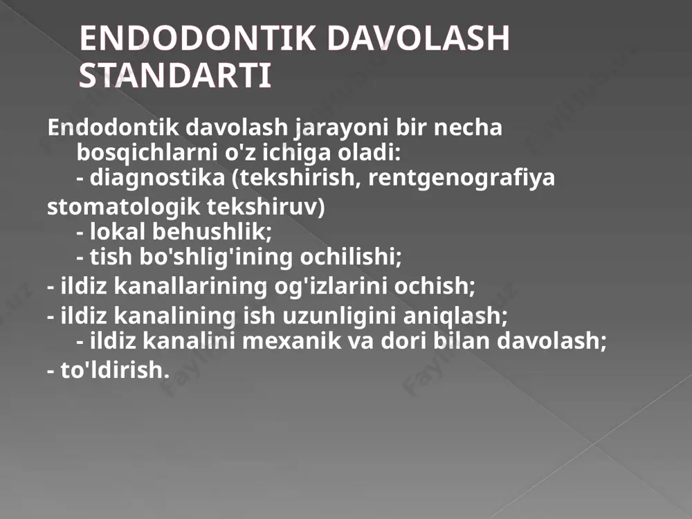 ullari 5. ildiz kanaliga o'rnatilgan asbob bilan rentgenografiya eng aniq usul hisoblanadi. ildiz kanallarini ishlab chiqish usullari 1. an'anaviy texnikaildiz kanalini tayyorlash, "orqaga qadam"yoki teleskopik -qadam orqaga 2. kanallarni tayyorlash texnikasi toj pastga, ildiz kanalining og'zidan cho'qqigacha, ya'ni kattadan kichikgacha 3. texnikaildiz kanallarini davolash usuli"muvozanatli kuch" qadam orqaga- "orqaga qadam" - "teleskopik" sxema: asbob bilan ildizning chuqasidan og'zigacha ishlash. kanalning ishlatish muddatini aniqlash. tayyorlash va kanalning api̇kal uchinchi bo'yicha erkin o'tishni ta'minlash. tayyorlash va kanalning erkin o'tishni ta'minlash o'rta uchinchi. ildiz kanalning yangingi mexanik kaytarish. api̇kal uchinchidagi ildiz kanal diametri imkan kichik saqlanadi. api̇kal to'sig'ining mjburiy shakllantirilishi (to'xtash). qadam orqaga- "orqaga qadam" sxema: barcha asboralarni bu uzunlikga sozlash. "arralash" harakatlari (reversib - yuqarida-pastga) va "watch o'rma" (aylangan harakatlar). kanal 3-4 razmga keyaydi (25-sondan kam emas). asboblar tiqilib qolishining oldini olish va kanalni qo'shish: a) kichikagi asboraga qaytish #10 - #15 - #20 - #25 - #30 - #25 - #35 …