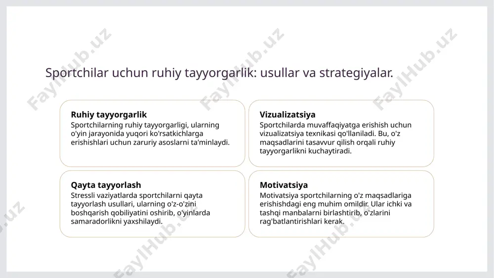 ishga yordam beradi, bu esa ularning natijalarini yaxshilashga olib keladi va motivatsiyani oshiradi. 04 madaniyat va strategiya madaniy omillar sportchilarning taktik strategiyalarini shakllantiradi. o'zbek sportchilari o’z tajribalaridan foydalangan holda, o'ziga xos yondashuvlar ishlab chiqadilar. xulosa 1 sport psixologiyasi ahamiyati - sport psixologiyasi sportchilarning ruhiy tayyorgarliklarini yaxshilashda muhim rol o'ynaydi, ularning muvaffaqiyatga erishish imkoniyatlarini oshiradi. 2 motivatsiya va qarorlar - motivatsiya sportchilarni o'z maqsadlariga erishishda yanada kuchli qiladi, bu esa o'yin davomida tez va to'g'ri qarorlar qabul qilishga yordam beradi. 3 madaniyat va an'analar - o'zbek sportchilarining psixologik tayyorgarlikdagi madaniy an'analari, ularning o'yin qobiliyatlarini rivojlantirishda va o'z-o'zini anglashda muhim ahamiyatga ega. foydalanilgan adabiyotlar 1. kamolov, s. m. psixologik tayyorgarlik va sportda natija. o'zbekiston respublikasi oliy ta'lim vazirligi, 2021. 2. abdullayev, f. a. sport psixologiyasi: nazariy asoslar va amaliyot. o'zbekiston milliy universiteti, 2022. 3. xolov, r. f. texnik va taktik tayyorgarlikning psixologik tomonlari. o'zbekiston sport tibbiyoti jurnali, 2020. 4. musurmonov, a. o'zbekistonda …