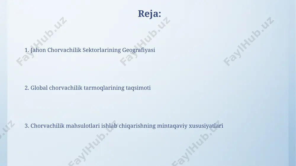 vonlardan olinadi, bu geografik hududlardagi chorvachilik turlariga bog'liq. sut mahsulotlari ishlab chiqarishning geografik tarqalishi asosan iqlim sharoiti, o'simliklarning mavjudligi va bozor talabiga bog'liq bo'lib, sovuq iqlimli mintaqalarda sut chorvachiligi ancha rivojlangan. chorvachilikning rivojlanish istiqbollari eksportiga yo'naltirilgan intensiv chorvachilik fermer xo'jaliklarining soni 2025 yilga borib 30% ga o'sishi va yalpi ichki mahsulotga qo'shgan hissasi 5% ga ko'tarilishi kutilmoqda. chorvachilikda zamonaviy texnologiyalarni qo'llash, masalan, sun'iy urug'lantirish va genetik seleksiya orqali samaradorlikni 15-20% ga oshirish mumkin. chorvachilik tarmoqlarining mintaqaviy xususiyatlari janubiy amerika, o'zining keng yaylovlariga ega bo'lganligi sababli, ekstensiv chorvachilikka ixtisoslashgan bo'lib, bu yerda 100 million boshdan ortiq qoramol boqiladi va asosan go'sht eksportiga yo'naltirilgan. chorvachilikning 70% dan ortig'i osiyo va afrikaning rivojlanayotgan mamlakatlarida, asosan kichik fermer xo'jaliklarida to'plangan bo'lib, bu global go'sht va sut mahsulotlari yetishtirishda muhim rol o'ynaydi. jahon chorvachilik tarmoqlarining geografik joylashuvi evropa ittifoqi, 27 mamlakatni o‘z ichiga olgan holda, chorvachilik sohasida yuqori darajadagi texnologiyalar va qat’iy sanitariya me’yorlariga ega, …