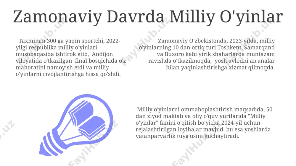 qiladi. eng mashhur o'zbek milliy o'yinlari o'zbekistonning turli hududlarida, masalan, buxoro va samarqandda, 20 dan ortiq milliy o'yinlar, jumladan, "kokpar" va "uloq" kabi ot sporti turlari o'ynab kelinadi. milliy kurash, "kurash", 60 dan ortiq vazn toifalarida o'tkazilib, sportning rasmiy turi sifatida 100 dan ortiq yil davomida mamlakat bo'ylab mashhurligini saqlab kelmoqda. o'zbekistonning qishloq joylarida mashhur bo'lgan "o'rdak ovlash" o'yini 5-10 kishidan iborat jamoalar tomonidan o'ynalib, tezkorlik va strategiyani talab qiladi. e'tiboringiz uchun rahmat @taqdimot_robot image1.jpeg image2.jpeg image3.jpeg