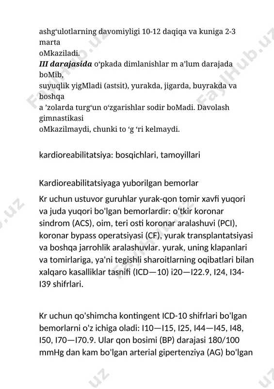 1-darajadan yuqori bo'lmasa. kardioreabilitatsiyaning jihatlari va bosqichlari kr ning bir nechta jihatlari mavjud: tibbiy, jismoniy, ta'lim, psixologik va kasbiy [4, 5]. tibbiy jihat klinik ko'rsatmalarga muvofiq dori vositalari orqali tekshiruv va tegishli davolanishdan iborat. jismoniy jihat bemorning jismoniy faolligi (ha) rejimini erta faollashtirishni, terapevtik jismoniy madaniyatni (jismoniy mashqlar terapiyasi) va bemorga jismoniy ta'sir qilishning turli usullarini, shu jumladan kr ning iii ambulatoriya bosqichida uzoq muddatli jismoniy tayyorgarlikni (ft) tibbiy muassasada ham qo'llashni o'z ichiga oladi.va uyda o'qitish. krning ta'lim jihati-bemorga yangi turmush tarzini o'rgatish (xavf omillarini nazorat qilish, yomon odatlardan voz kechish, aterosklerotik dietaga va stressga chidamlilikka o'rgatish, kundalik faoliyatni oshirish), yurak-qon tomir tizimi fiziologiyasi va anatomiyasi asoslari bilan tanishish. (ccc), bemorlar uchun maktab doirasida shifokor tavsiyalariga, dori terapiyasiga va krga rioya qilishning muhimligini tushuntirish va ularning qarindoshlari yoki ksh bilan kasallangan bemorlar va ularning qarindoshlari uchun maktablar. krning psixologik jihati bemorni mavjud kasallikka psixologik moslashishi, stressli vaziyatlarga chidamliligini oshirish …