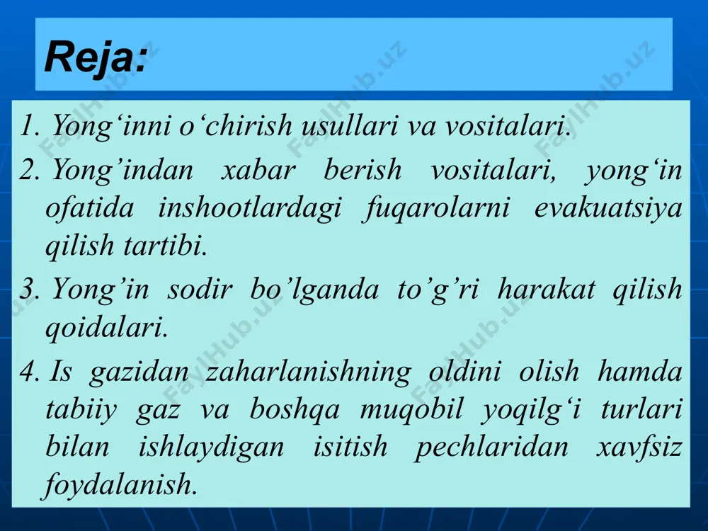 rilma va texnologik uskunalarning buzilishi hamda qulashi; bino ichida ko‘p miqdorda ilmiy, moddiy va boshqa qimmatbaho boyliklarning mavjudligi. 1. yong‘inni o‘chirish usullari va vositalari. yong‘inni quyidagi usullar orqali o‘chirish mumkin: - kuch va vositalarni hal qiluvchi yo‘nalishga kiritish; - yong‘in o‘chirish vositalarini uzluksiz ta’minlash; - yonayotgan materiallar ustiga sovituvchi yong‘in o‘chirish vositalarini uzatish; - yong‘in maydonida yoki uning atrofida yonmaydigan gaz yoki bug‘ aralashmalarini hosil qilish va yong‘in jarayonini kimyoviy to‘xtatish; - yong‘inni o‘chirish vositalari yordamida yonayotgan material atrofida yoki yong‘in maydonida va havo orasida himoya qatlamini hosil qilish. yong‘inda odamlarga xavf solishini, portlash xavfini, olovning tez tarqalishini hamda yong‘in o‘chirishni ta’minlaydigan harakat hal qiluvchi yo‘nalish hisoblanadi. yong‘inni bartaraf etish uchun birinchi navbatda ichki yong‘in o‘chirish jo‘mraklari, o‘rnatilgan yong‘in o‘chirish qurilmalaridan foydalaniladi. o‘t o‘chirish vositalari sifatida suv, suv bug‘lari, kimyoviy va mexanik ko‘piklar, inert va yonmaydigan gazlar, qattiq, paroshoksimon materiallar va maxsus kimyoviy moddalar va aralashmalardan foydalaniladi. 1. yong‘inni o‘chirish …
