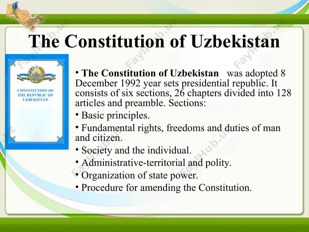 , it is considered the foundation, the source of all legislation. the mere fact that this discussion suggests the direct participation of the people in the creation of the basic law of independent uzbekistan. "the project of the constitution - ia karimov said - we worked for about two years, for two and a half months, she held public discussion and in that time has been enriched by jewels from the treasure of folk wisdom." this is the preamble (or introduction) of the constitution. this is the actual constitution of the united states. the constitution was written in 1787 by 55 men we call the framers of the constitution. these men included george washington and ben franklin. what is the constitution? the constitution says how the government works. it creates the president. it creates the congress. it creates the supreme court. the government is split into three parts or branches. …