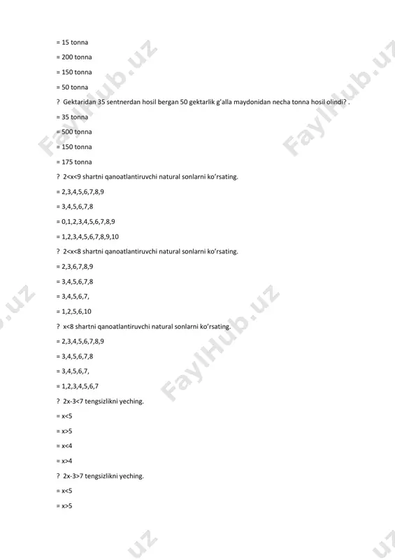 va 9 = 8 va 12 ? tomoni 5 sm bo‘lgan kvadratdan tomoni 1 sm bo‘lgan ikkita kvadratcha qirqib olindi. hosil bo‘lgan shaklning perimetrini toping. = 20 = 15 = 21 = 22 ? tomoni 10 sm bo‘lgan kvadratdan yonma-yon tomoni 5 sm bo‘lgan ikkita kvadratcha qirqib olindi. hosil bo‘lgan shaklning perimetrini toping. = 20 = 15 = 25 = 30 ? yuzi to’g’ri to’rtburchak shaklida bo’lgan stolning bir burchagi arralandi, arralangan bo’lak uchburchak shaklida. stolda nechta burchak qoldi? = 5 ta = 3 ta = 4 ta = 6 ta ? musobaqaga 180 ta o’g’il bola ketdi. barcha bolalar 10 ta avtobusga 38 tadan joylashtirildi. musobaqaga qancha qizlar ketishgan? = 100 = 200 = 210 = 190 ? musobaqaga 280 ta o’g’il bola ketdi. barcha bolalar 10 ta avtobusga 38 tadan joylashtirildi. musobaqaga qancha qizlar ketishgan? = 190 = 120 = 210 = 100 ? tomorqa to’g’ri to’rtburchak shaklda …