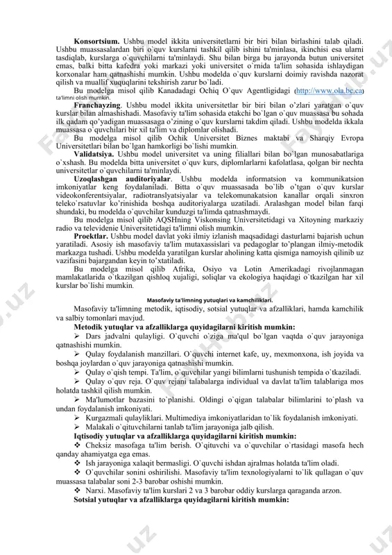 ‘qitishni tashkil etishni hozirgi zamon modellarining asosida kommunikatsiya va tarmoq texnologiyalari yotadi. mo‘ asosida ta'lim berish uchun o‘qish istagida bo‘lgan aholining muayyan qismini ta'lim muassasasi joylashgan yerga yig‘ish shart emas. ikkinchidan, tinglovchi yoki o‘quvchi tomonidan ortiqcha sarf - xarajat qilish zarurati bo‘lmaydi. uchinchidan, bu ta'lim turiga jalb qilinuvchilarning yosh cheklanishlarini istisno qilish mumkin. mo‘ ga jalb qilinuvchi kontingentni quyidagi ijtimoiy guruhlarga mansub bo‘lgan shaxslar tashkil qilishi mumkin: · ikkinchi oliy yoki qo‘shimcha ma'lumot olish, malaka oshirish va qayta tayyorgarlik o‘tash istagida bo‘lganlar; · mintaqaviy hokimiyat va boshqaruv rahbarlari ; · an'anaviy ta'lim tizimining imkoniyatlari cheklanganligi sababli ma'lumot olaolmagan yoshlar; · o‘z ma'lumot maqomini zamonaviy talablar darajasiga ko‘tarish istagida bo‘lgan firma va korxonalar xodimlari; · ikkinchi parallel ma'lumot olishni xohlagan tinglovchilar; · markazdan uzoqda, kam o‘zlashtirilgan mintaqalar aholisi; · erkin ko‘chib yurishi cheklangan shaxslar; · jismoniy nuqsonlari bo‘lgan shaxslar; · harbiy xizmatda bo‘lgan shaxslar va boshqalar. o‘zbekiston sharoitida mo‘ni tashkil qilish …