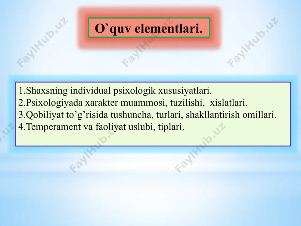 t tiplari x s f m 1 jonsarak tartibsiz 2 quvnoq va xayotsevar 3 og‘ir-bosiq 4 uyatchan va tortinchoq 5 hamma narsani o‘ziga qabul qiladigan 6 tezkor va ishchan 7 moslashuvchan, tartibli 8 o`‘z kuchiga ishonmaydigan 9 shoshqaloq 10 boshlagan ishini nihoyasiga etkazmaydigan 11 ehtiyotkor va mulohazali 12 yangi odamlar bilan muloqotga kirishishga qiynaladigan. 13 kishilar bilan muloqotda keskin va to‘gri 14 o`zini yuqori baholashga moyil 15 sabrli 16 o`ziga ishonmaydigan 17 dadil va faol 18 yangilikni tez qabul qiladi. 19 kamgap ko‘p gapirishni yoqtirmaydi. 20 yolg‘izlikka oson ko‘nikadi. 19 «nima uchun» sxemasi xulosa xulosa qilib aytadigan bo`lsak, zamonaviy pedagogik texnologiya usullarni ta’lim jarayonida qo`llash talabalarda ijodkorlik, faollik, mustaqil izlanish, muomila va muloqotga kirishish, guruh bo`lib jipslikda, hamkorlikda ishlash, talabalarni ko`nikmalarini shakllantirishga xizmat qiladi va talabalarni o`z ustida ishlashaga o`rgatadi hamda o`zining ijobiy psixologik xususiyatlari shakllanishiga olib keladi. audio1.wav image1.png image2.jpeg image3.jpeg image5.gif image6.jpeg image7.gif image8.gif image9.jpeg image10.jpeg image11.jpeg image12.jpeg …