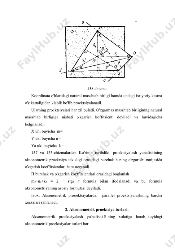 rning aksonometrik proektsiyalarini yasashda huyidagi hoidaga rioya hilinadi: aylananing izometriyasi bo'lgan ellipsning katta diametri aylana tekisligiga yotmagan yoki unga parallel bo'lmagan aksonometriya o'kiga perpendikulyar bo'ladi. 17.3.3. to'gri burchakli izometrik proektsiya. agar aksonometriya tekisligi barcha koordinata o'hlariga (proektsiya tekisliklariga) bir xil hiya bo'lsa, to'hri burchakli izometrik proektsiya hosil bo'ladi. bunday proektsiyalashda o'klar bo'yicha o'zgarish kooffitsentlari teng yoki m=n=k bo'lib, izlar uchburchak teng tomonli uchburchak va uklar orasidagi burchak 120° ga teng (160-chizma,a). to'gri burchakli izometriyada o'hlarni transportir yordamida yoki tsirkuldan foydalanib o'tkazish mumkin. buning uchun aylana chiziladi. va u uch (olti) teng kismga bo'linadi. odatda z o'hi vertikal holda o'tkaziladi. aksonometrik o'hlarni chizhichdan foydalanib ham taxminan yasash mumkin. buning uchun a1 nuhtadan boshlab gorizontal chizih ustiga sakkizta teng kesma, ularning oxirgi nuhtasidan chikarilgan perpendikulyar uchiga xuddi shunday to'rtta kesma o'lchab ho'yiladi va u1 o'tkaziladi 160 chizma to'gri burchakli aksonometriyaning asosiy formulasidan, to'hri burchakli izometrik proektsiyada o'zgarish kozffitsientlarining kattaliklarining anihlash mumkin. m2+n2+k2=2 …