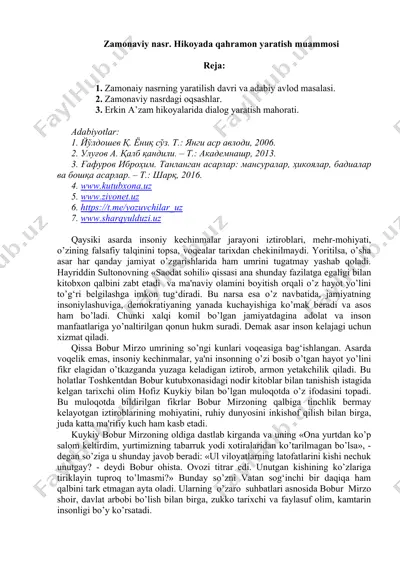 zamonaviy nasr. hikoyada qahramon yaratish muammosi — DOCX