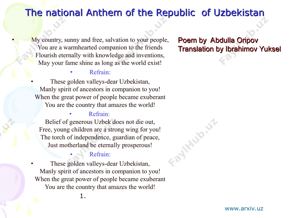 and 1 city (shahar); andijon viloyati, buxoro viloyati, farg'ona viloyati, jizzax viloyati, namangan viloyati, navoiy viloyati, qashqadaryo viloyati (qarshi), qaraqalpog'iston respublikasi (nukus), samarqand viloyati, sirdaryo viloyati (guliston), surxondaryo viloyati (termiz), toshkent shahri, toshkent viloyati, xorazm viloyati (urganch) www.arxiv.uz www.arxiv.uz islam in uzbekistan and christianity in uzbekistan islam is by far the dominant religion in uzbekistan, as muslims constitute 90% of the population while 5% of the population follow russian orthodox christianity, and 5% of the population follow other religion according to a 2009 us state department release. however, a 2009 pew research center report stated that uzbekistan's population is 96.3% muslim.an estimated 93,000 jews were once present in the country. www.arxiv.uz www.arxiv.uz * uzbek language the uzbek language is the only official state languageand since 1992 is officially written in the latin alphabet. the tajik language is widespread in the cities of bukhara and samarkand because of their relatively large …