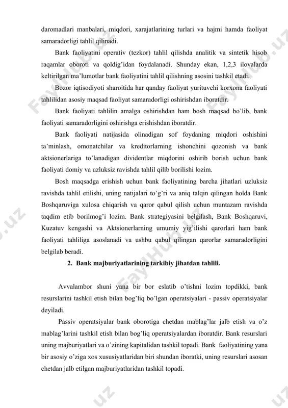 rorlar samaradorligini belgilab beradi. 2. bank majburiyatlarining tarkibiy jihatdan tahlili. avvalambor shuni yana bir bor eslatib o’tishni lozim topdikki, bank resurslarini tashkil etish bilan bog’liq bo’lgan operatsiyalari - passiv operatsiyalar deyiladi. passiv operatsiyalar bank oborotiga chetdan mablag’lar jalb etish va o’z mablag’larini tashkil etish bilan bog’liq operatsiyalardan iboratdir. bank resurslari uning majburiyatlari va o’zining kapitalidan tashkil topadi. bank faoliyatining yana bir asosiy o’ziga xos xususiyatlaridan biri shundan iboratki, uning resurslari asosan chetdan jalb etilgan majburiyatlaridan tashkil topadi. 1. jadval “a” bankning chetdan jalb etilgan va o’z mablag’lari tarkibi4 № ko’rsatkichlar 01.01.2020y. 01.01.2021y. o’zgarishi 01.01.2020 y. 01.01.2021 y. dan summa mln so’m salmo- g’i % summa mln so’m salmog’i % summada mln so’m salmoq-da % 1. o’z mablag’lari 3910 8,8 4100 9,1 190 4,9 2. chetdan jalb etilgan mablag’lar 40510 91,2 41000 90,9 490 1,5 3. jami: 44420 100 45100 100,0 680 jadval ma’lumotlaridan ko’rinib turibdiki, “a” bank passivining asosiy qismi, …