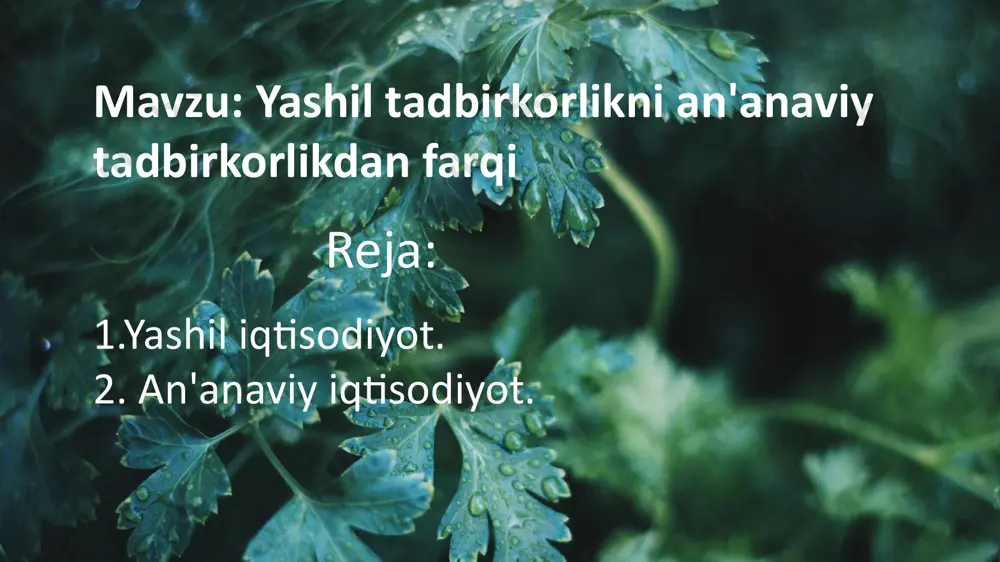 . grain rain is the sixth and last solar term of the 24 solar terms in spring. grain rain is the sixth and last solar term of the 24 solar terms in spring. part three enter title part three jahon tajribasi shuni ko'rsatadiki, "yashil iqtisodiyot" mintaqaviy rivojlanishni, ijtimoiy barqarorlikka erishishni, "yashil iqtisodiyot" tarmoqlarida yangi ish o'rinlari yaratilishi orqali iqtisodiy salohiyatni oshirishni rag'batlantiradi . "yashil iqtisodiyot", asosan, iqtisodiy taraqqiyotga yordam beradi va yalpi ichki mahsulotning o'sishini, mamlakat daromadlarini oshirishni, aholini ish bilan ta'minlash, mamlakatda ishsizlik darajasini pasaytirishni ta'minlaydi an'anaviy iqtisodiyot, unda hamma narsa urf-odatlar bilan belgilanadi. thank you image1.png image2.jpeg image3.jpeg image4.png image5.png image6.png image7.png image8.png image9.jpeg image10.jpeg image11.png image12.jpeg image13.png image14.png image15.jpeg image16.jpeg image17.png