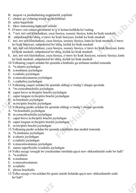 taraf etuvchi operatsiya b. bir bosqichda bajarilgan operatsiya c. og‘riq sindromini bartaraf etishga qaratilgan operatsiya d. har bir xirurg bajara oladigan operatsiya e. patologik simptomlarni bartaraf etishga qaratilgan operatsiya 8. uzlukchiz choklarning kamchiligi nimadan iborat? a. *chok sohasida qon aylanishining buzilishi b. nuqson va jarohatlarning nogermetik yopilishi c. chokni qo‘yishning texnik qiyinchiliklari d. sekin bajarilishi e. tikuv matosining katta sarf etilishi 9. o‘mrov osti sohasi qavatlarini to‘g‘ri ketma ketlikda ko‘rsating a. * teri, teri osti kletchatkasi, yuza fassiya, xususiy fassiya, katta ko‘krak muskuli, b. subpektoral bo‘shliq, o‘mrov ko‘krak fassiyasi, kichik ko‘krak muskuli c. teri, teri osti kletchatkasi, yuza fassiya, xususiy fassiya, katta ko‘krak muskuli, o‘mrov ko‘krak fassiyasi, subpektoral bo‘shliq, kichik ko‘krak muskuli d. teri, teri osti kletchatkasi, yuza fassiya, xususiy fassiya, o‘mrov ko‘krak fassiyasi, katta ko‘krak muskuli, subpektoral bo‘shliq, kichik ko‘krak muskuli e. teri, teri osti kletchatkasi, yuza fassiya, o‘mrov ko‘krak fassiyasi, xususiy fassiya, katta ko‘krak muskuli, subpektoral bo‘shliq, kichik …