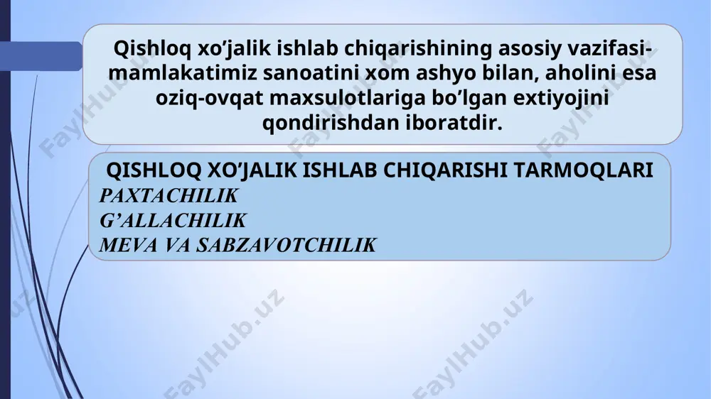 an, muqim va muqim-ko’chma holatda ishlaydigan; 2. energiya manbai turiga qarab – issiqlik va elektr dvigatelli; 3. ish mashinasini energiya manbaiga ulash usuliga qarab – tirkama, osma va yarim osma; 4. agregatdagi mashinalar soniga qarab – bir va ko’p mashinali; 5. bajariladigan ishlarning turiga qarab – yer haydash, tirmalash, molalash, ekish va h.; 6. ish mashinasiga xarakat uzatish usuliga qarab – traktorning quvvat olish validan, mashina g’ildiragidan va alohida o’rnatilgan dvigateldan xarakat uzatiladigan; 7. ish mashinasini traktorga nisbatan o’rnatilishiga qarab – traktor oldiga, yoniga, orqasiga va aralash o’rnatilgan; 8. ishchi mashinalarni agregatning bo’yiga nisbatan o’rnatilishiga qarab – simmetrik va asimmetrik o’rnatilgan; 9. material yig’iladigan sig’imi mavjutligiga qarab – sig’imi bor va sig’imi yo’q agregatlarga bo’linadi. qishloq xo’jalik mashinasining energetik manbai asosan traktorlardan iborat bo’lganligi uchun qishloq xo’jalik agregati-mashina traktor agregat (mta) deb yuritiladi. qishloq xo’jalik agregatlarida energiya manbai sifatida, traktorlardan tashqari, elektromotorlar, ichki yonuv dvigatellari, o’zi yurar shassilar, shuningdek ot-ulovlardan …